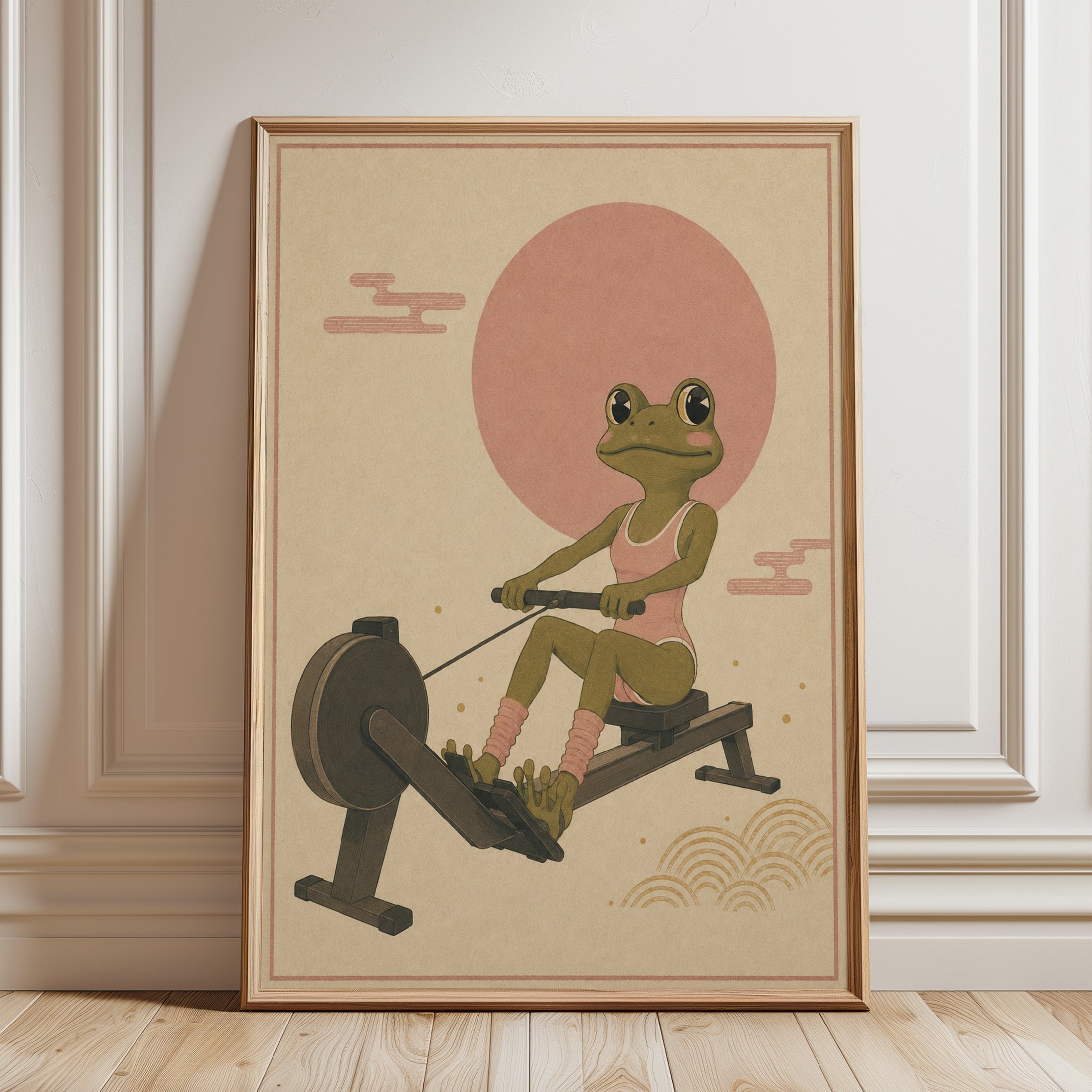 Frog on Rowing Machine Print: Japanese Vintage Illustration - framed detail