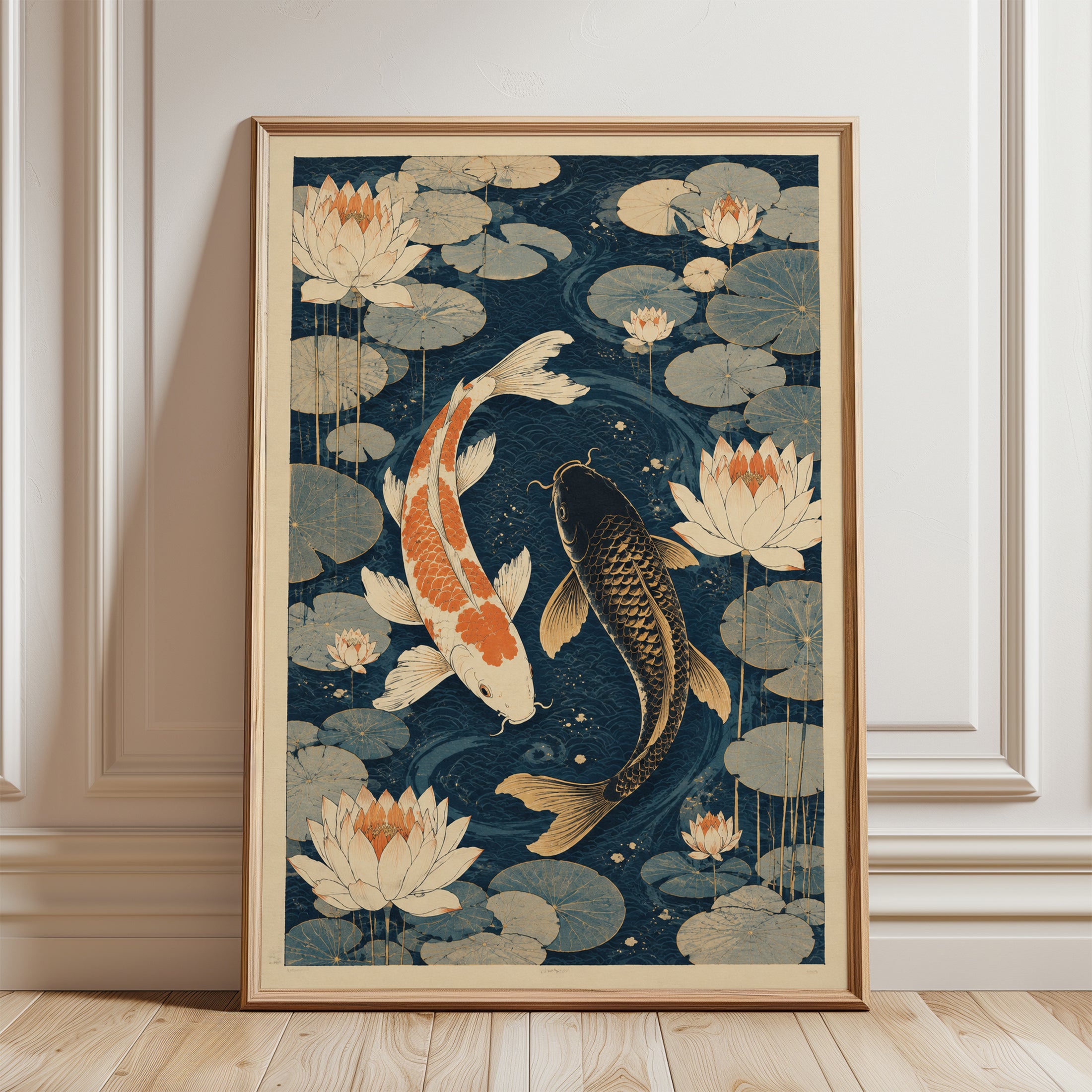 Koi Fish Wall Art – Lotus Pond Print - framed detail