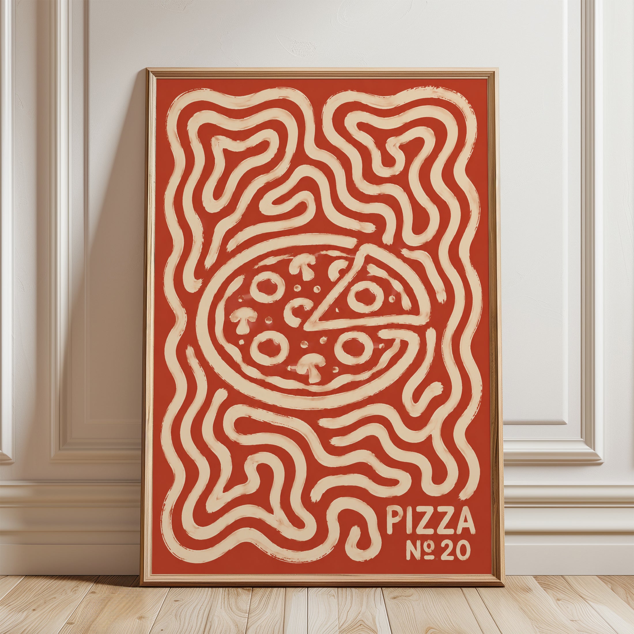 Pizza Art Print: Retro Groovy Red and Cream Poster Design - framed detail