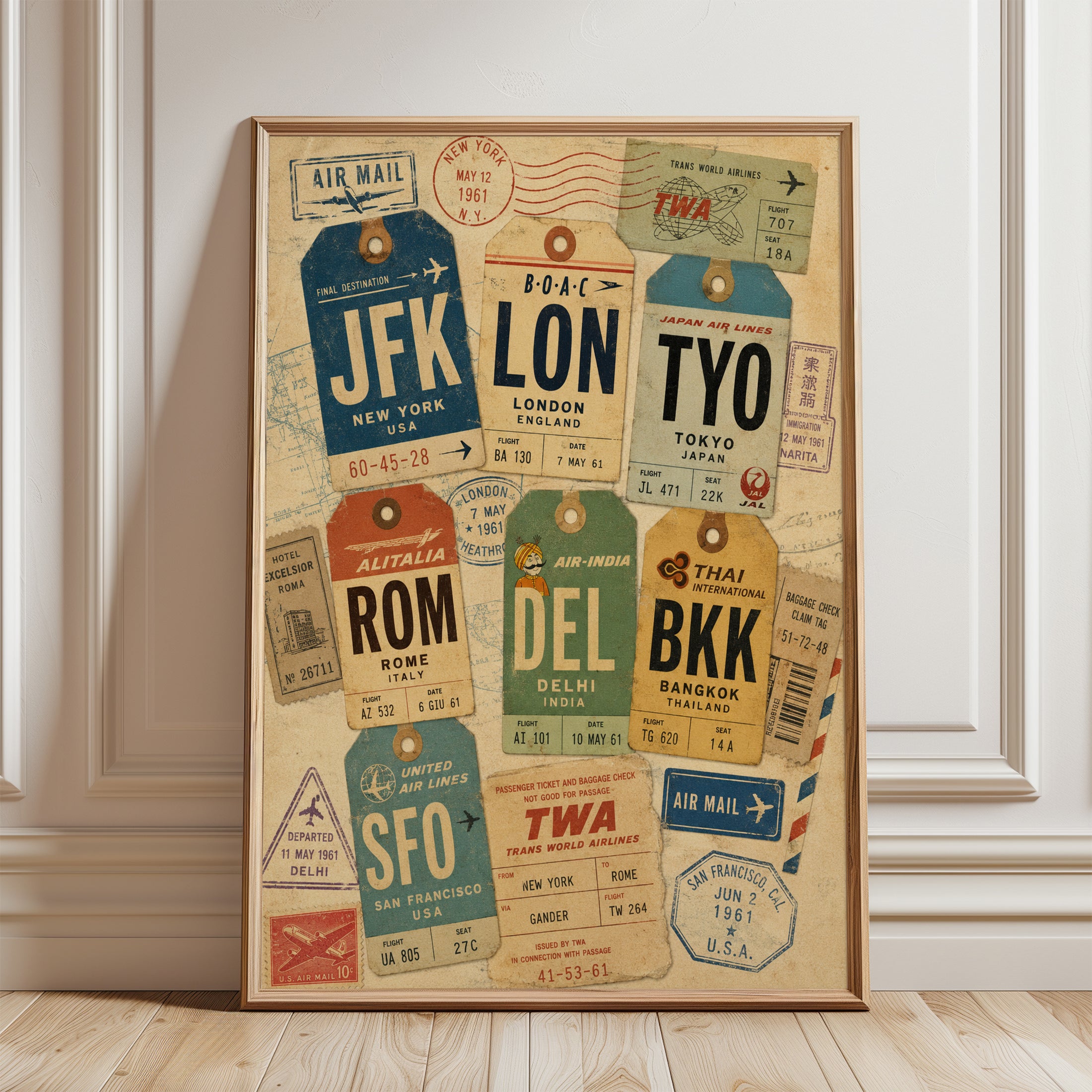 Vintage Luggage Tag Print – Travel Wall Art - framed detail