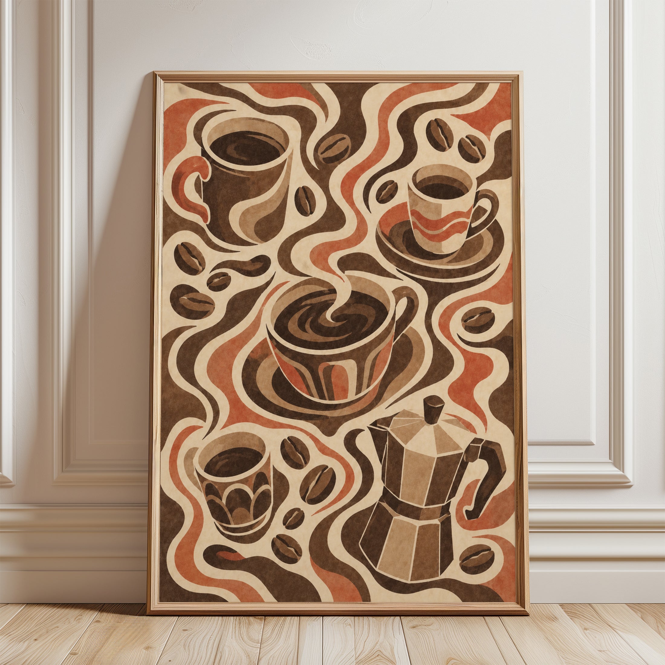 Retro Coffee Art Print: Art Deco Brown and Cream Kitchen Poster - framed detail