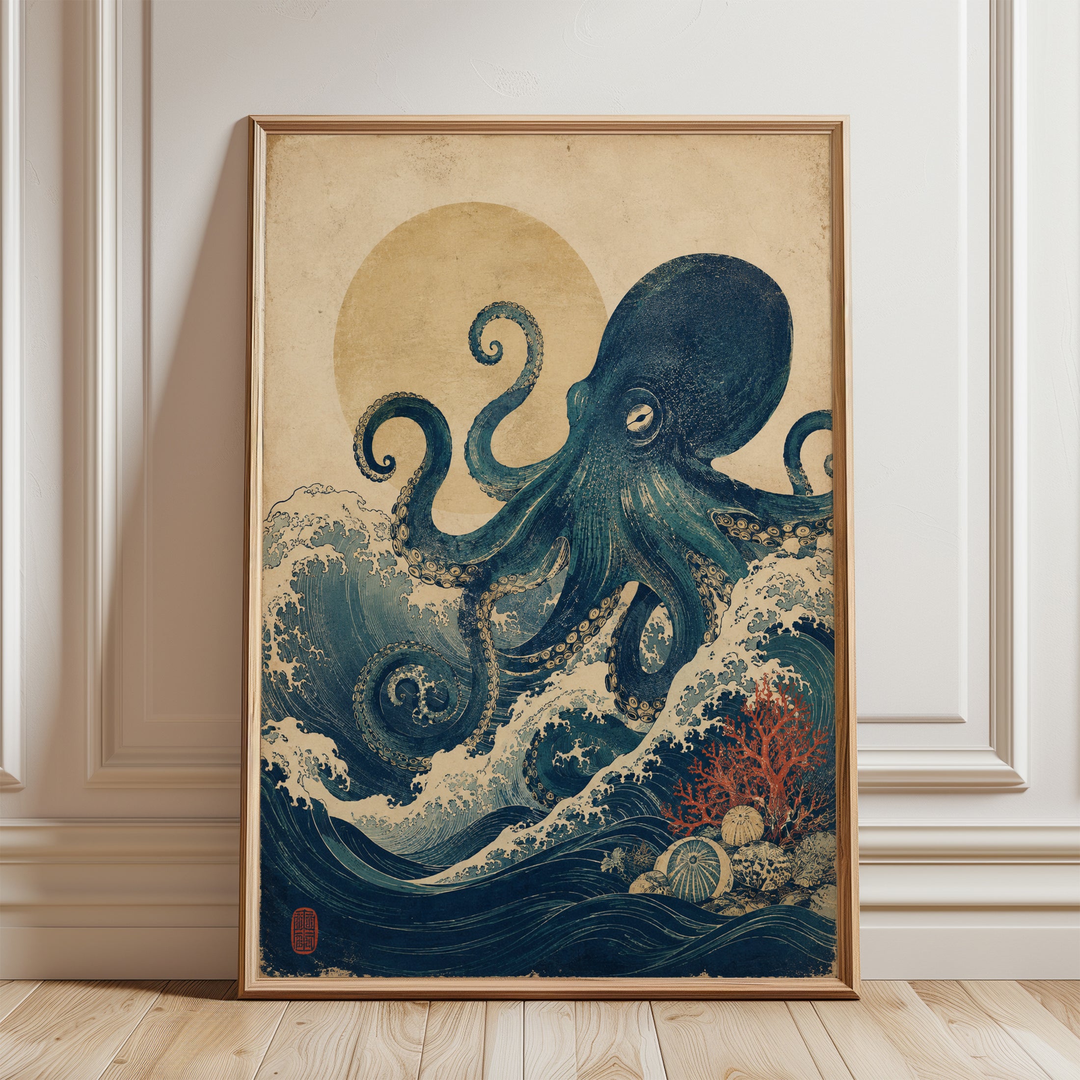 Japanese Octopus Print – Vintage Ocean Wall Art - framed detail