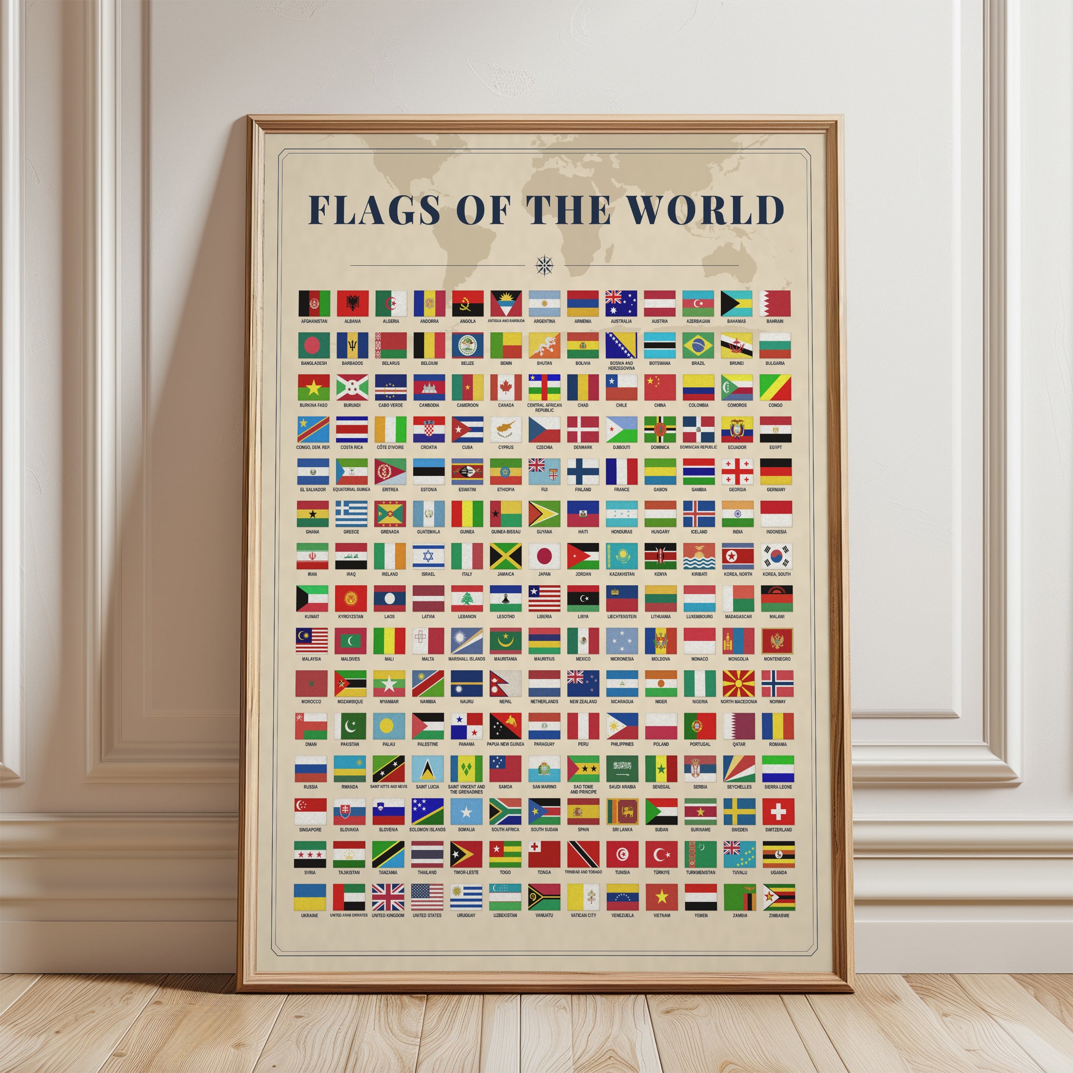 Flags of the World Map: Educational Poster (Vintage Style - framed detail