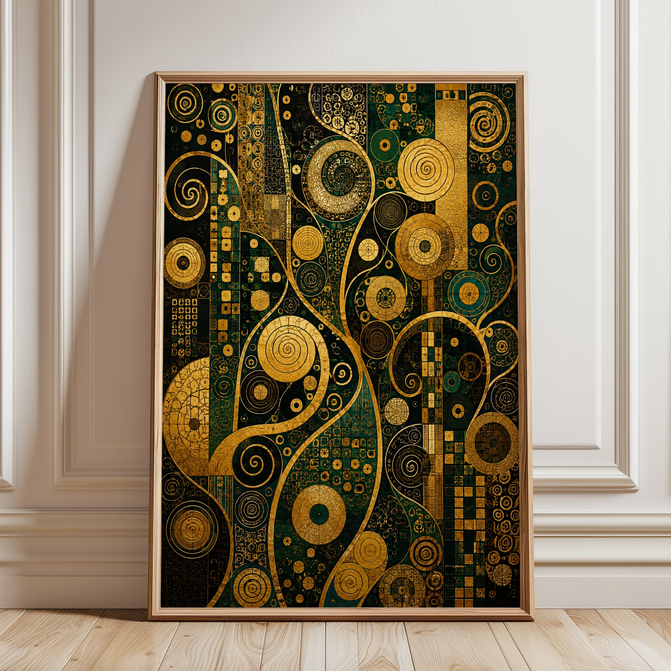 Art Nouveau Geometric Print – Gold Green Wall Art - framed detail