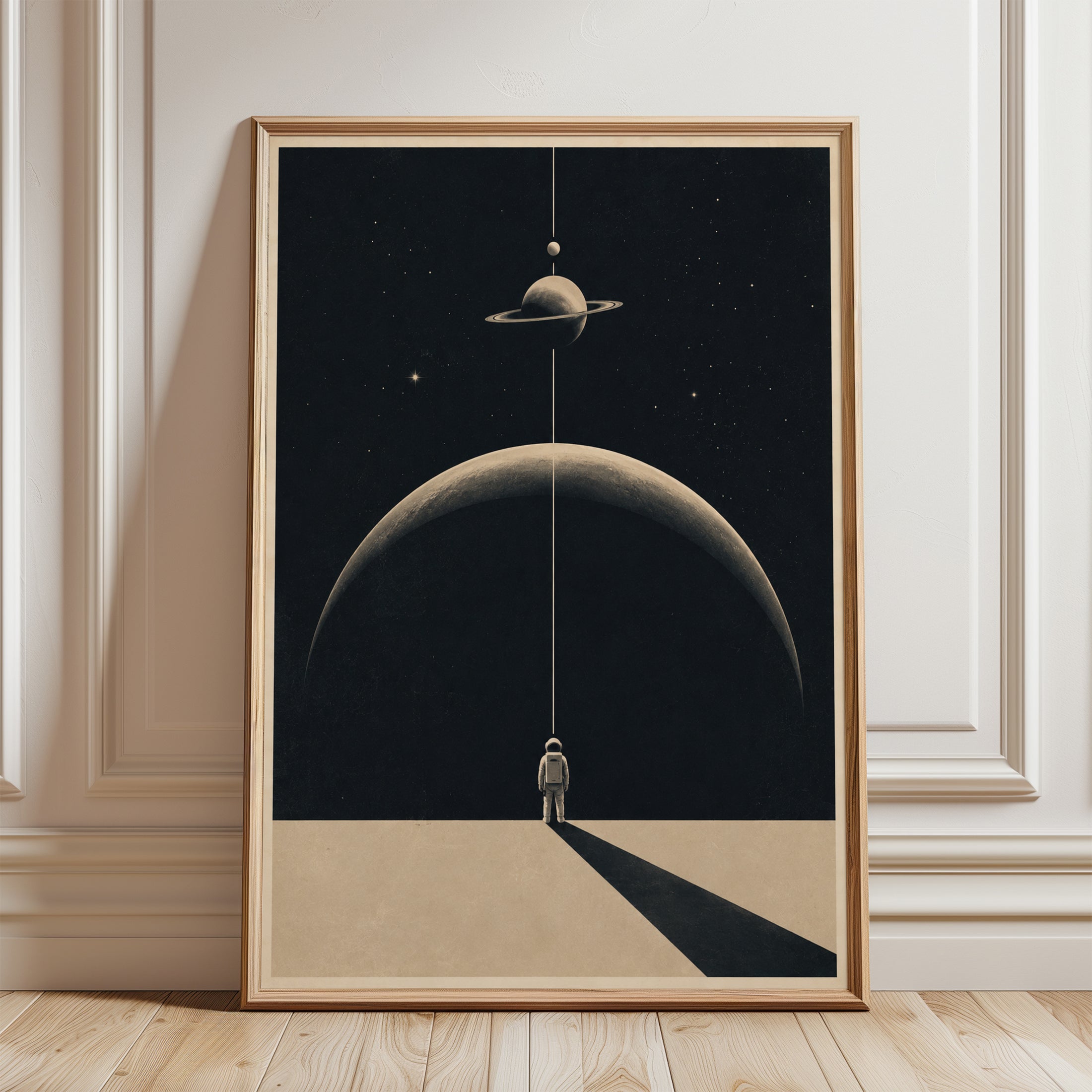 Space Explorer Art Print: Surreal Astronaut and Planetary Alignment - framed detail