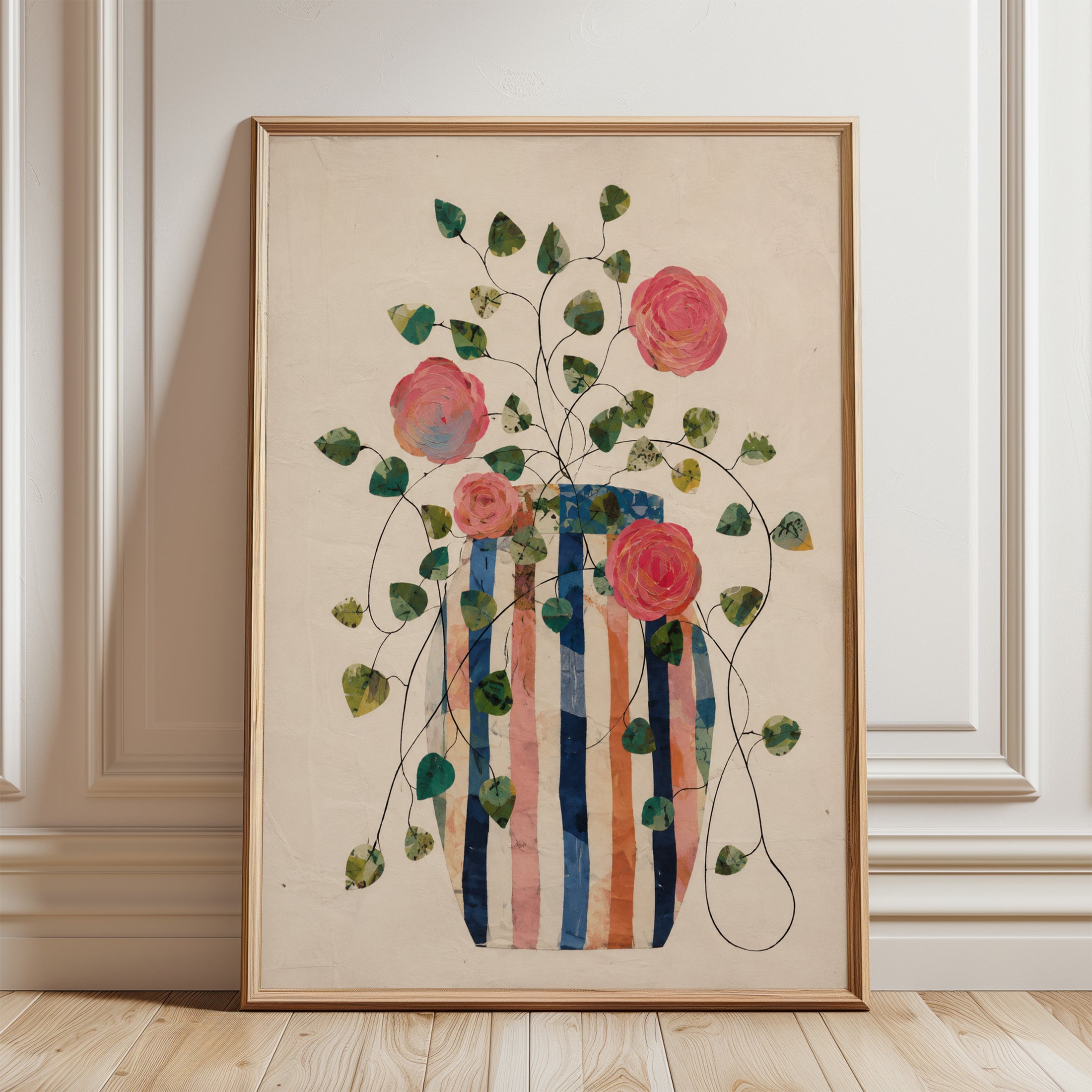 Ranunculus Floral Vase Print: Folk Art Botanical Wall Art - framed detail