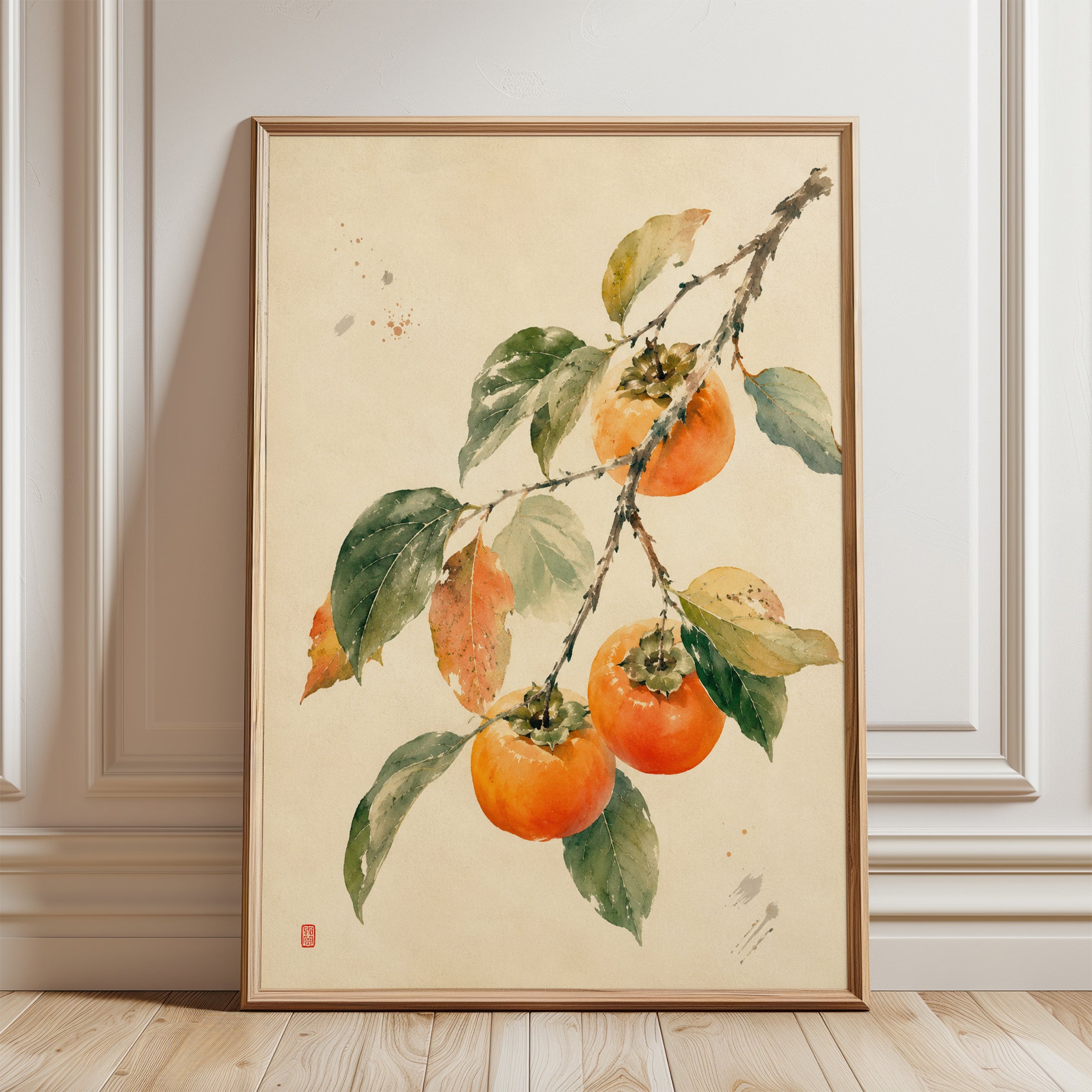 Persimmon Watercolor Print – Botanical Wall Art - framed detail