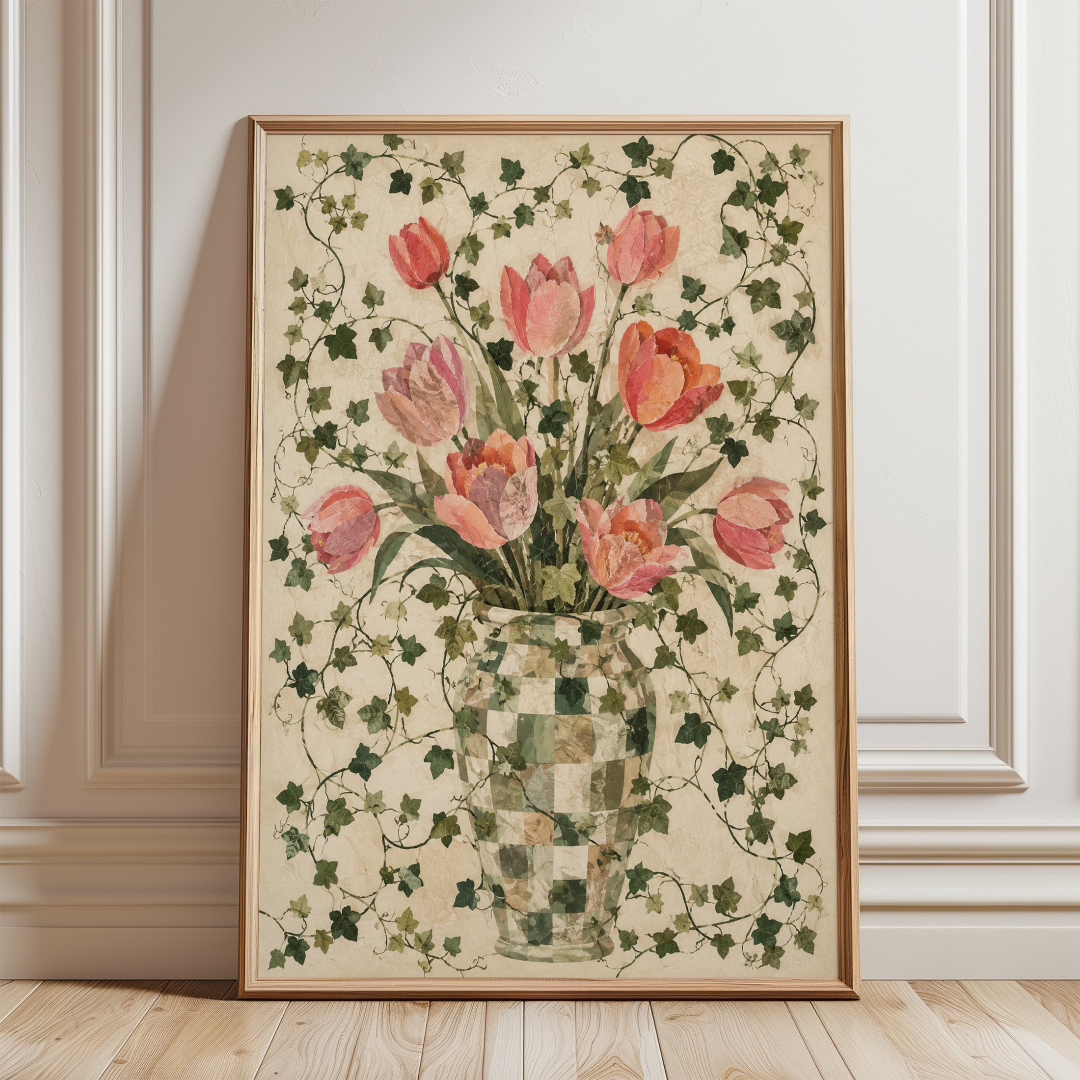 Tulips and Ivy Wall Art: Vintage Botanical Floral Print - framed detail