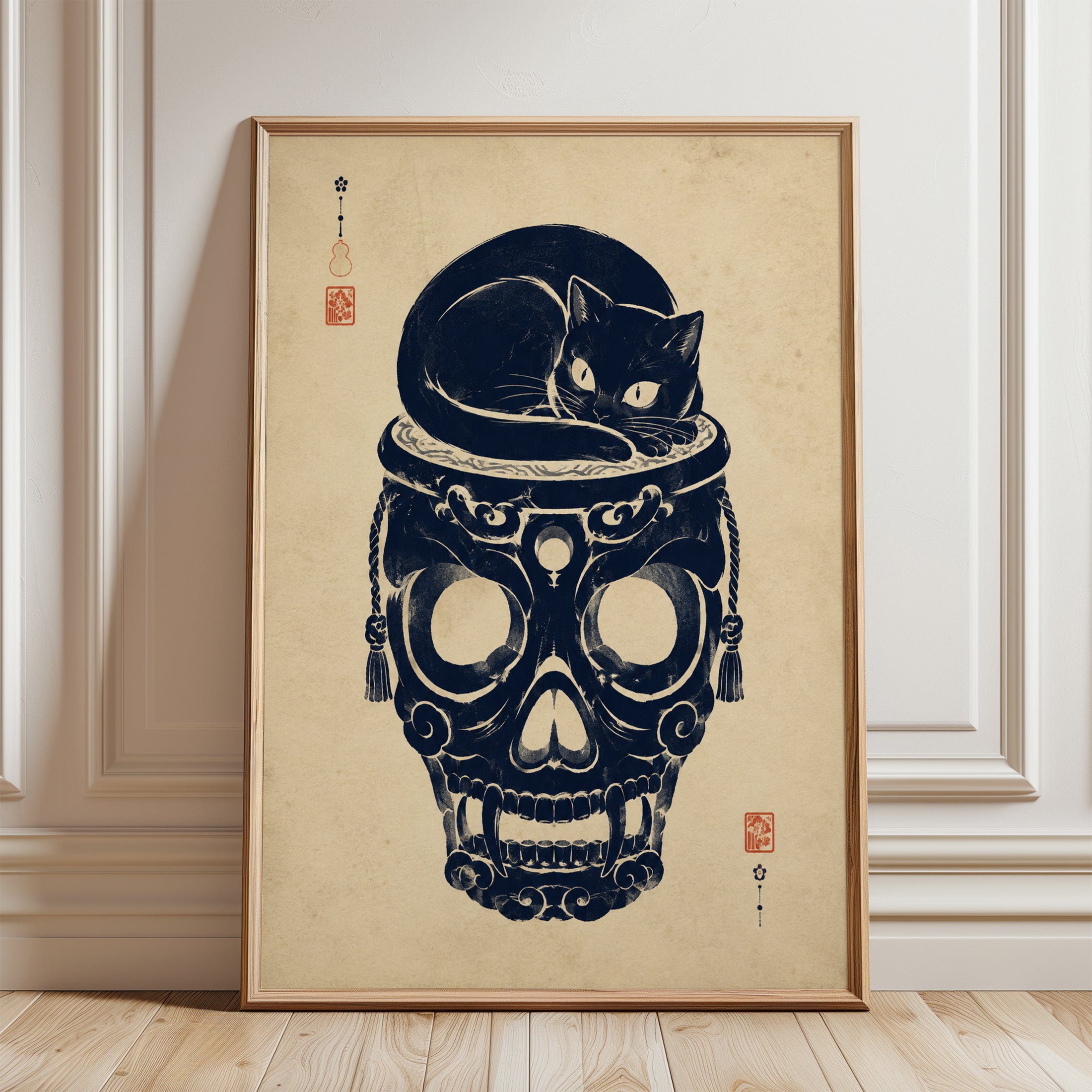 Japanese Cat Skull Art – Black Cat Print - framed detail