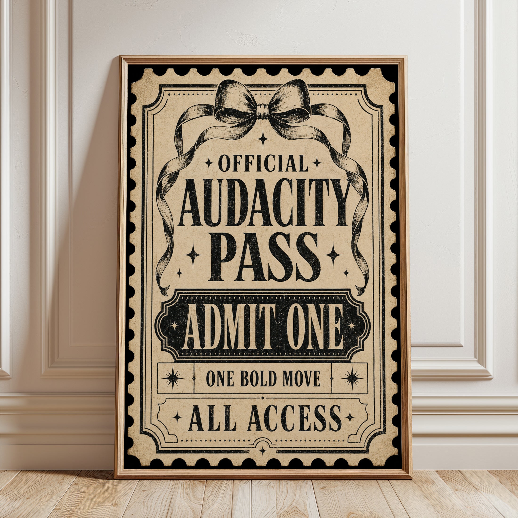 Vintage Audacity Pass Ticket Print: Victorian Typography Art - framed detail