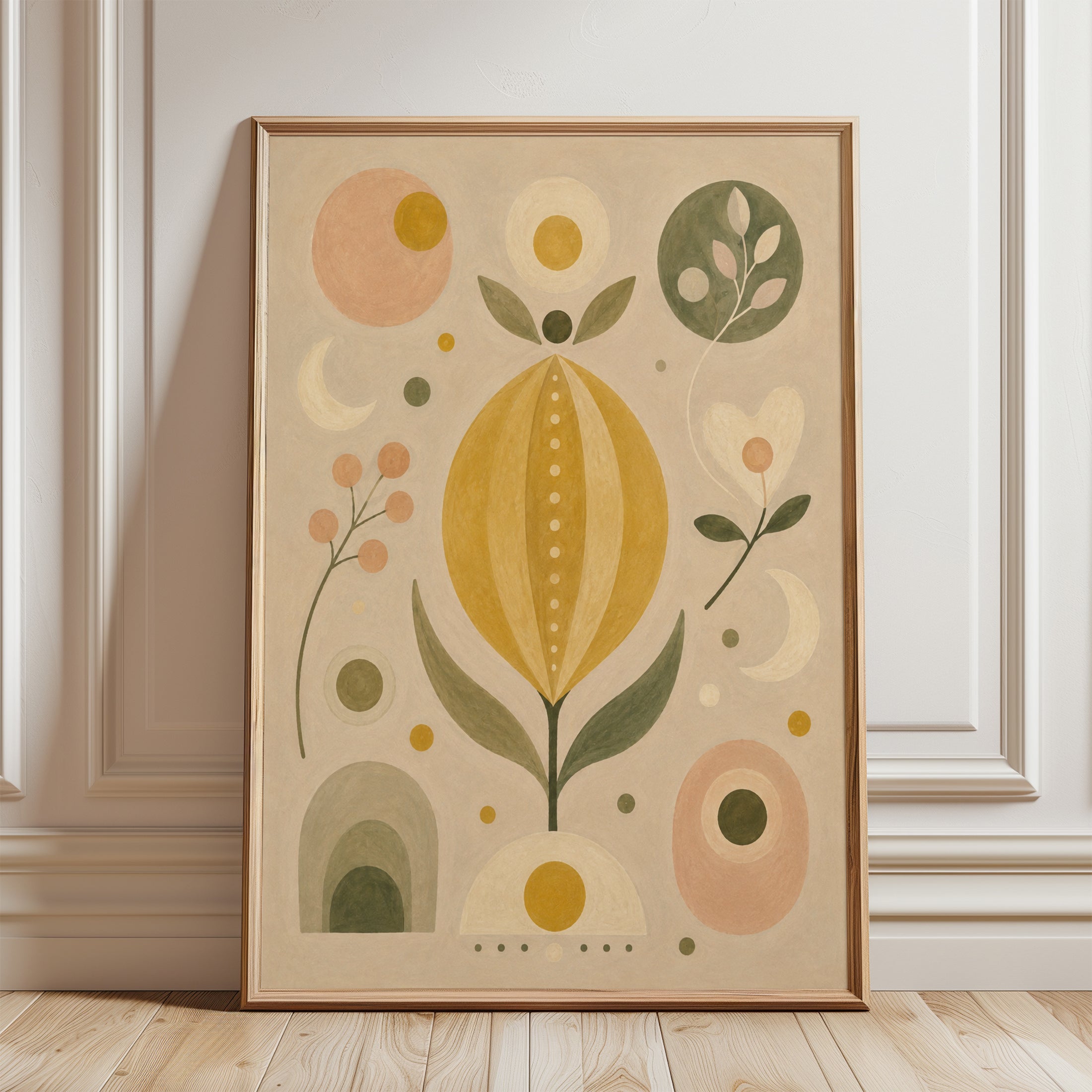 Mid-Century Botanical Print: Geometric Flower in Mustard and Sage - framed detail