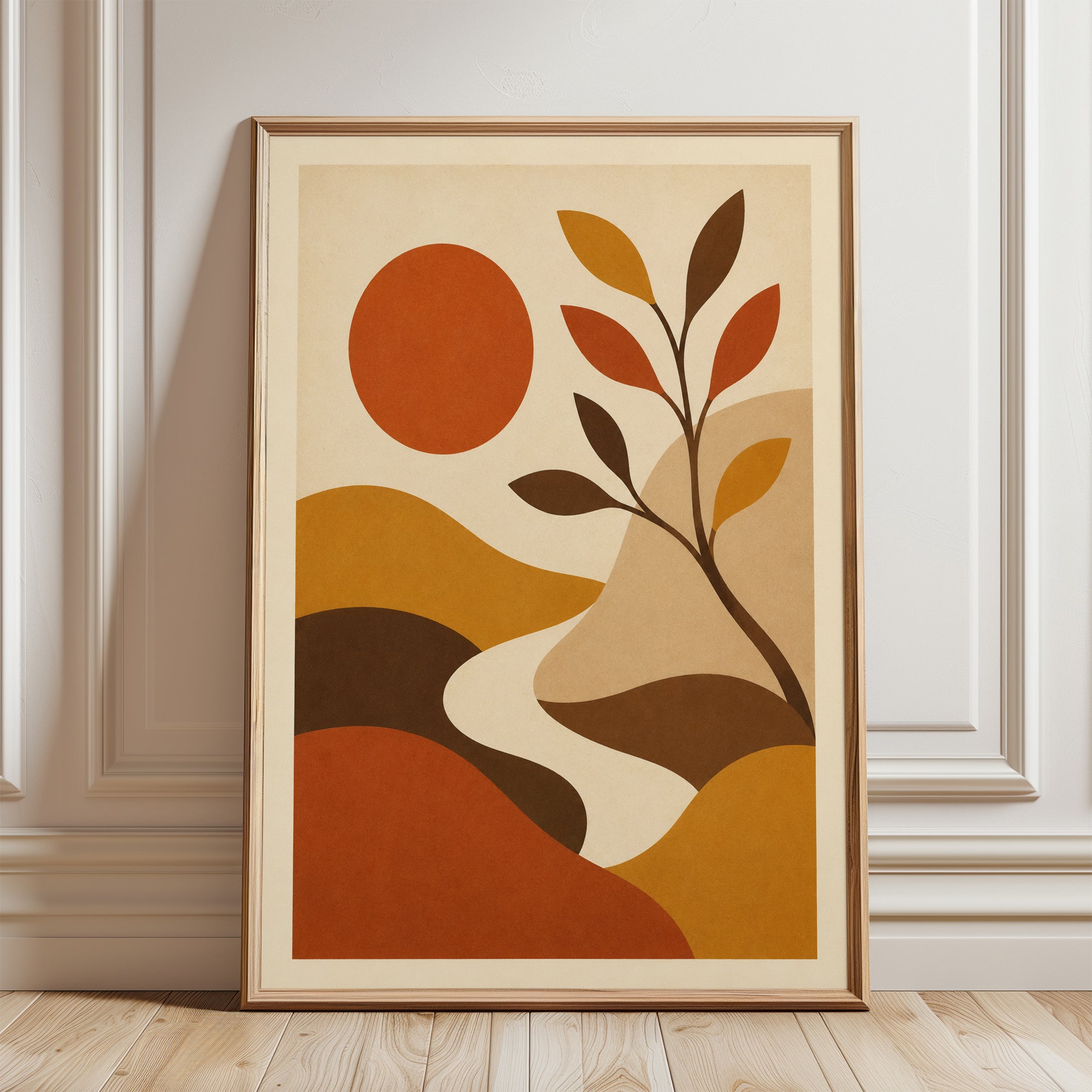 Mid-Century Modern Botanical Landscape: Retro Earth Tones Print - framed detail
