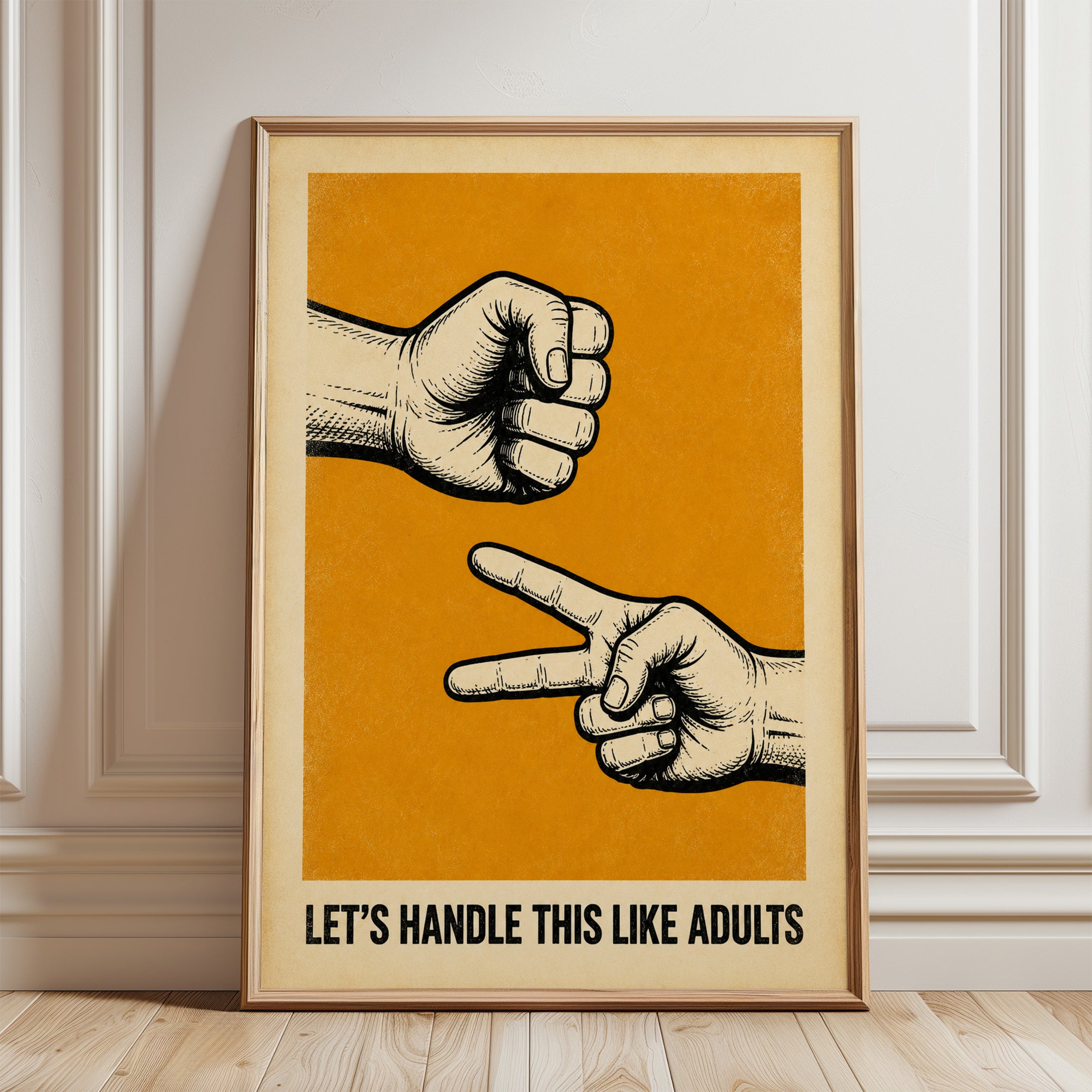 Rock Paper Scissors Vintage Poster: Retro Orange Typography Art - framed detail