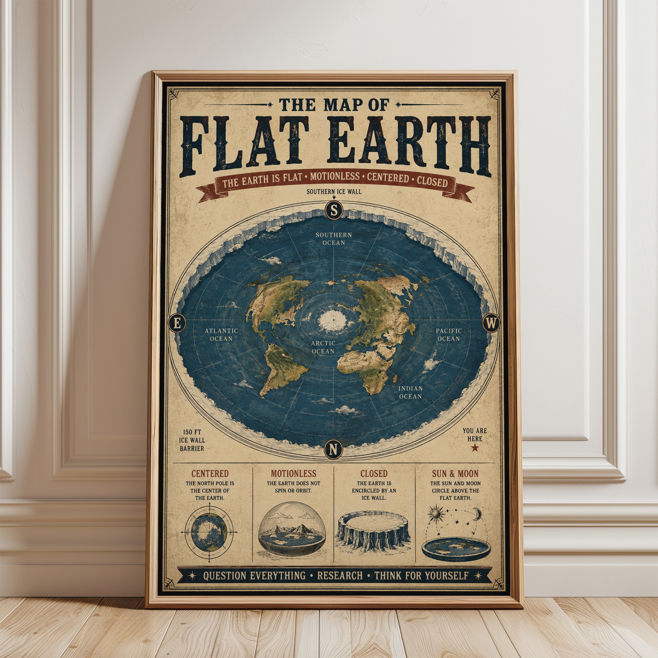 Flat Earth Map Poster – Vintage Map Print - framed detail