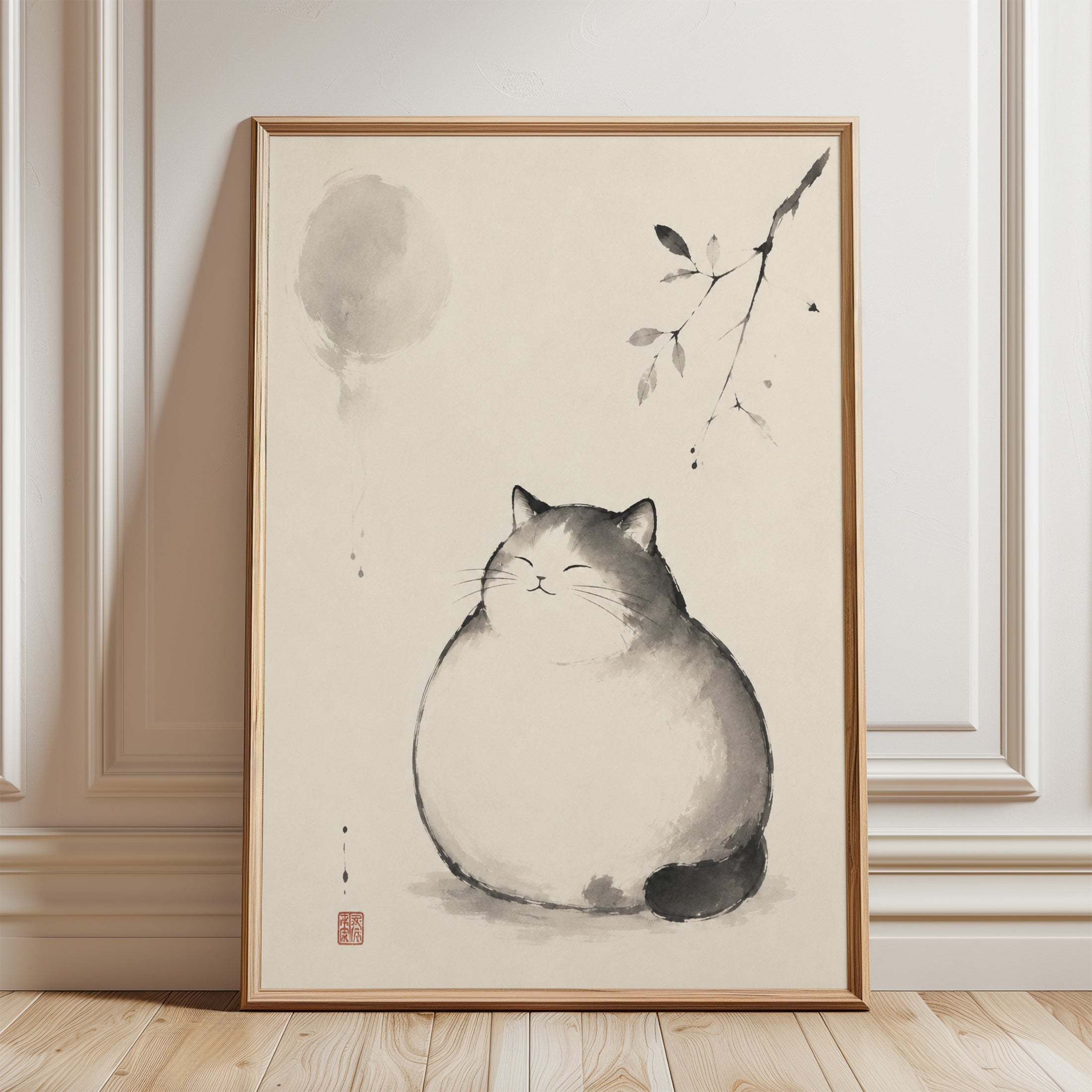 Cat Wall Art – Japanese Ink Painting - framed detail