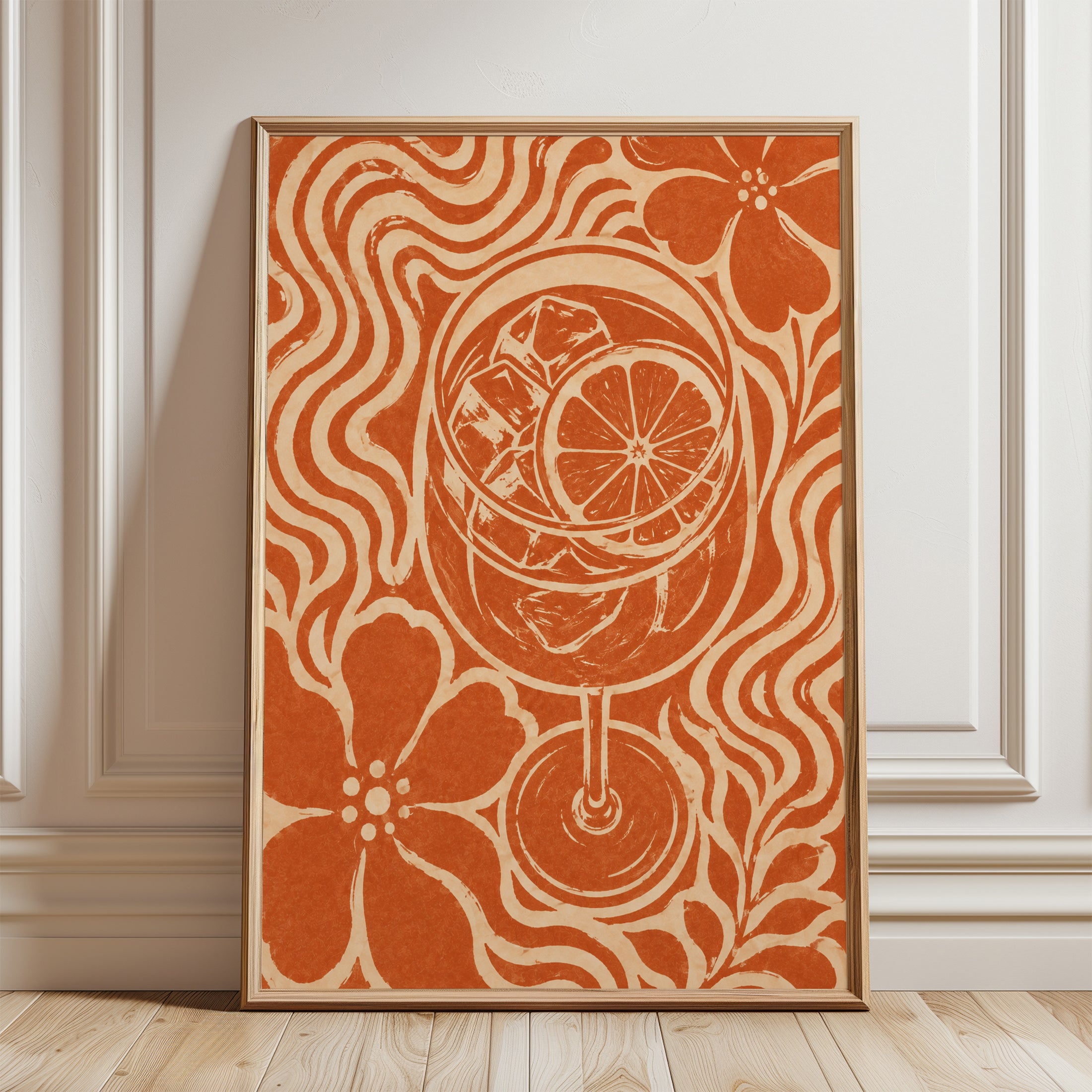Retro Orange Cocktail Glass Print: Art Nouveau Floral Design - framed detail