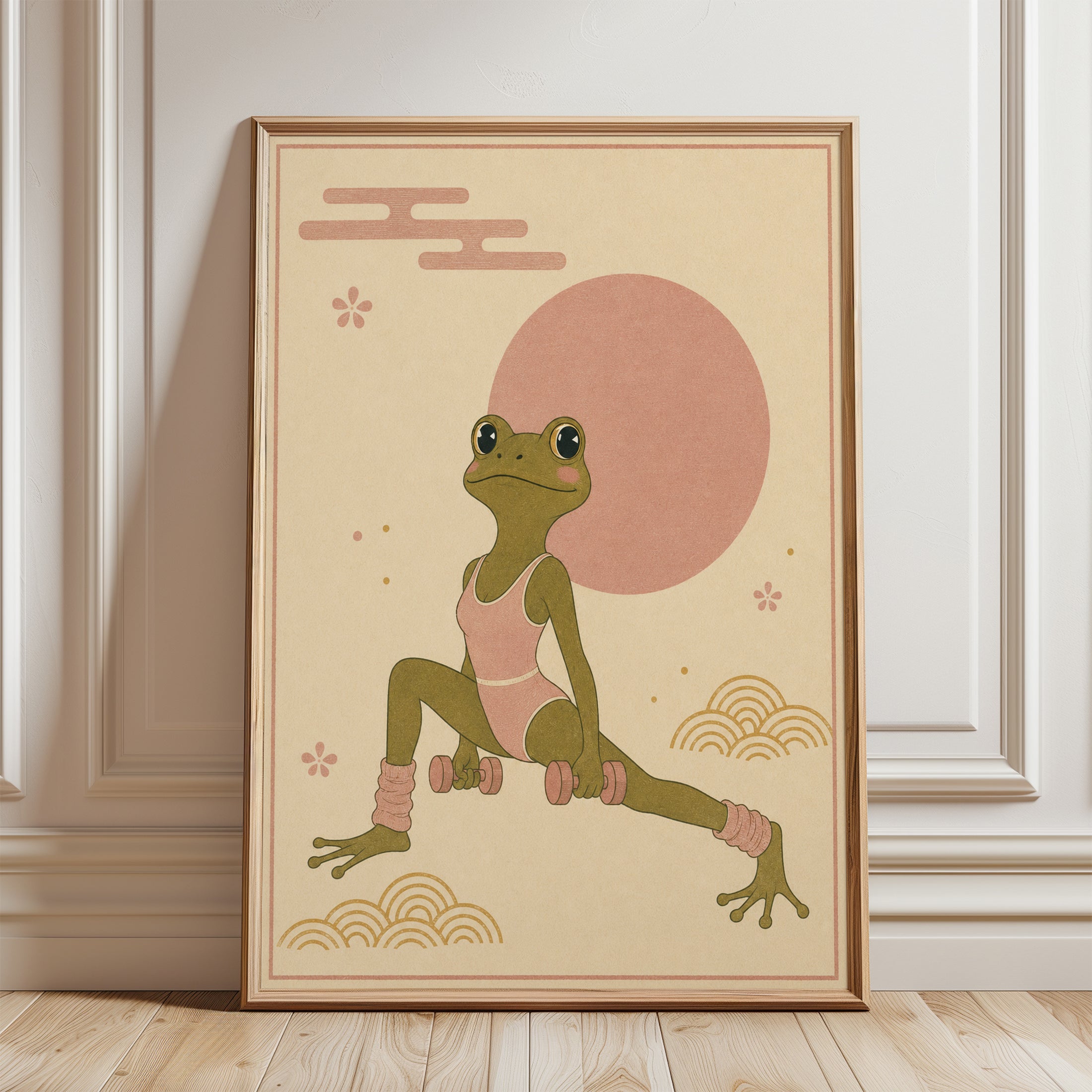 Yoga Frog Poster: Japanese Minimalist Art in Pink and Beige - framed detail