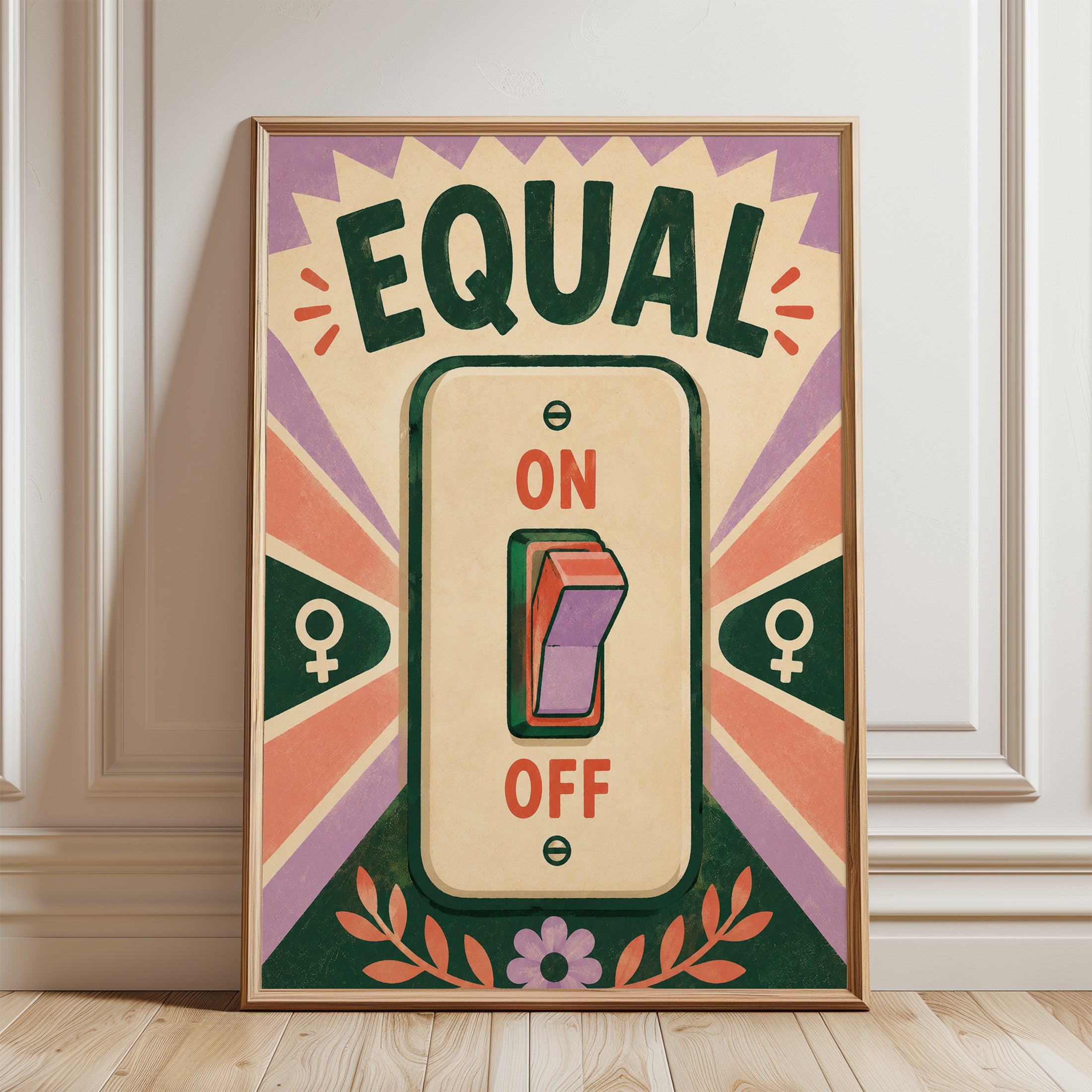 Equal Light Switch Wall Art: Retro Feminist Power Poster - framed detail