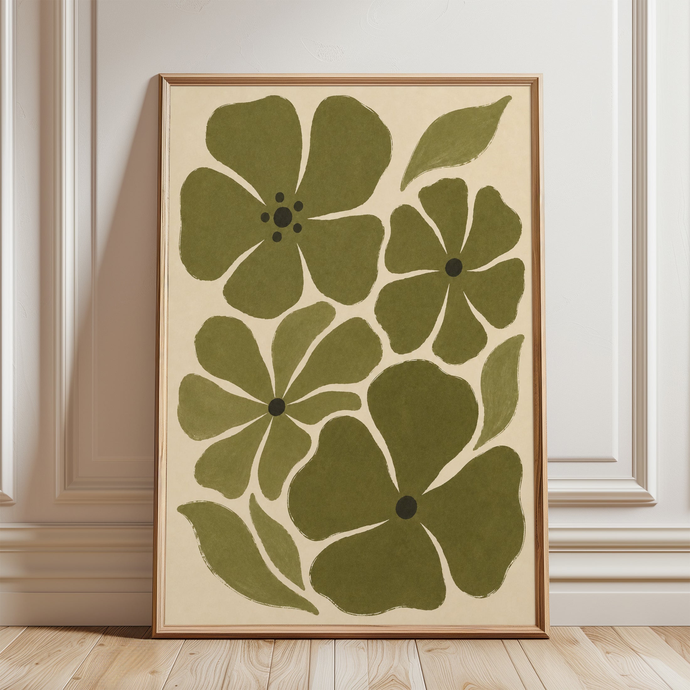 Olive Green Floral Poster: Mid-Century Modern Botanical Art - framed detail