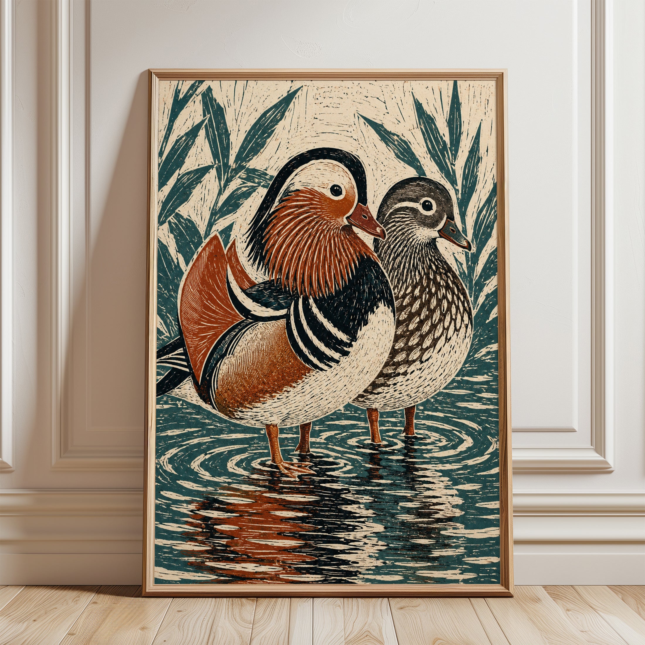 Mandarin Duck Pair Print: Woodblock Style Bird Art - framed detail