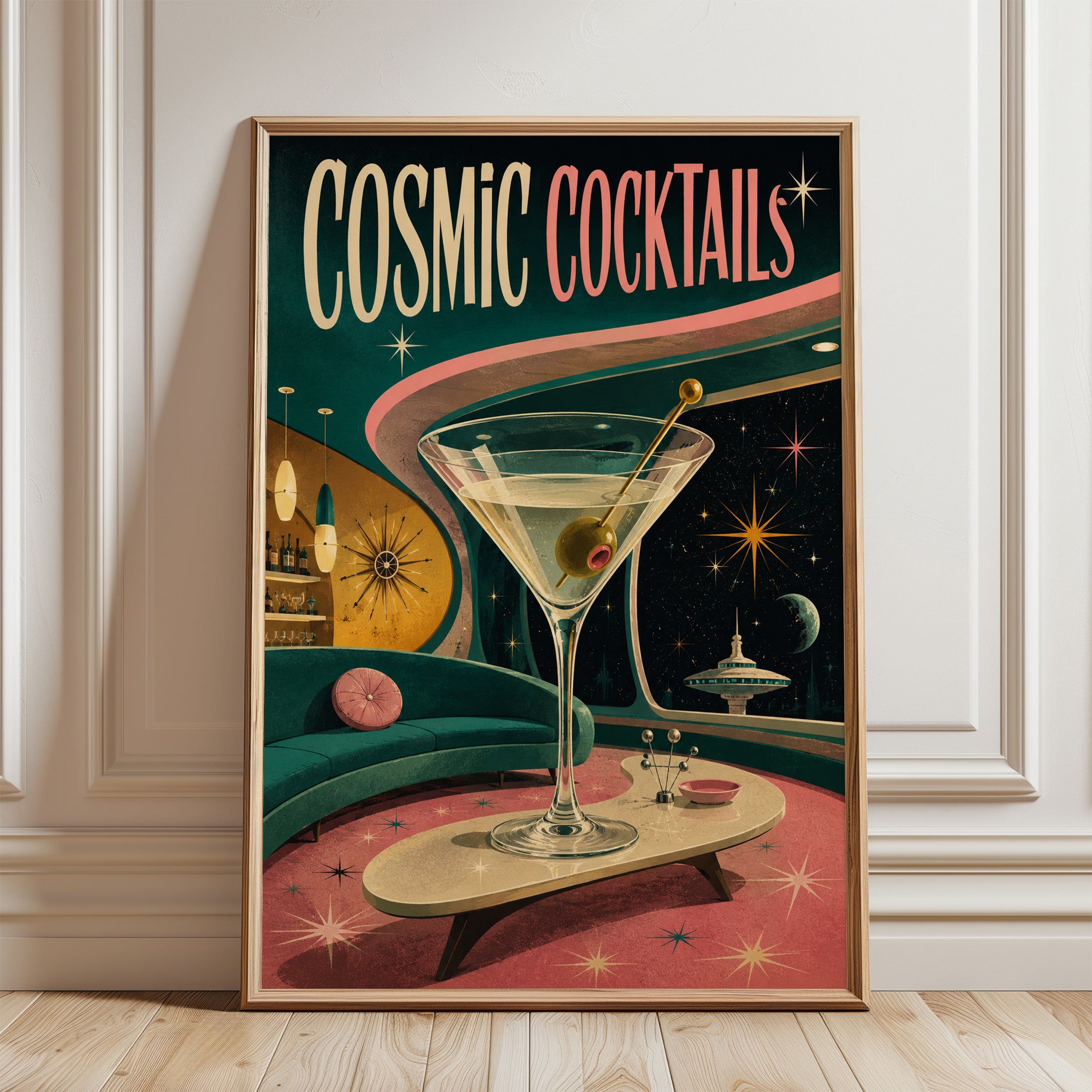 Retro Cocktail Poster – Mid Century Bar Wall Art - framed detail