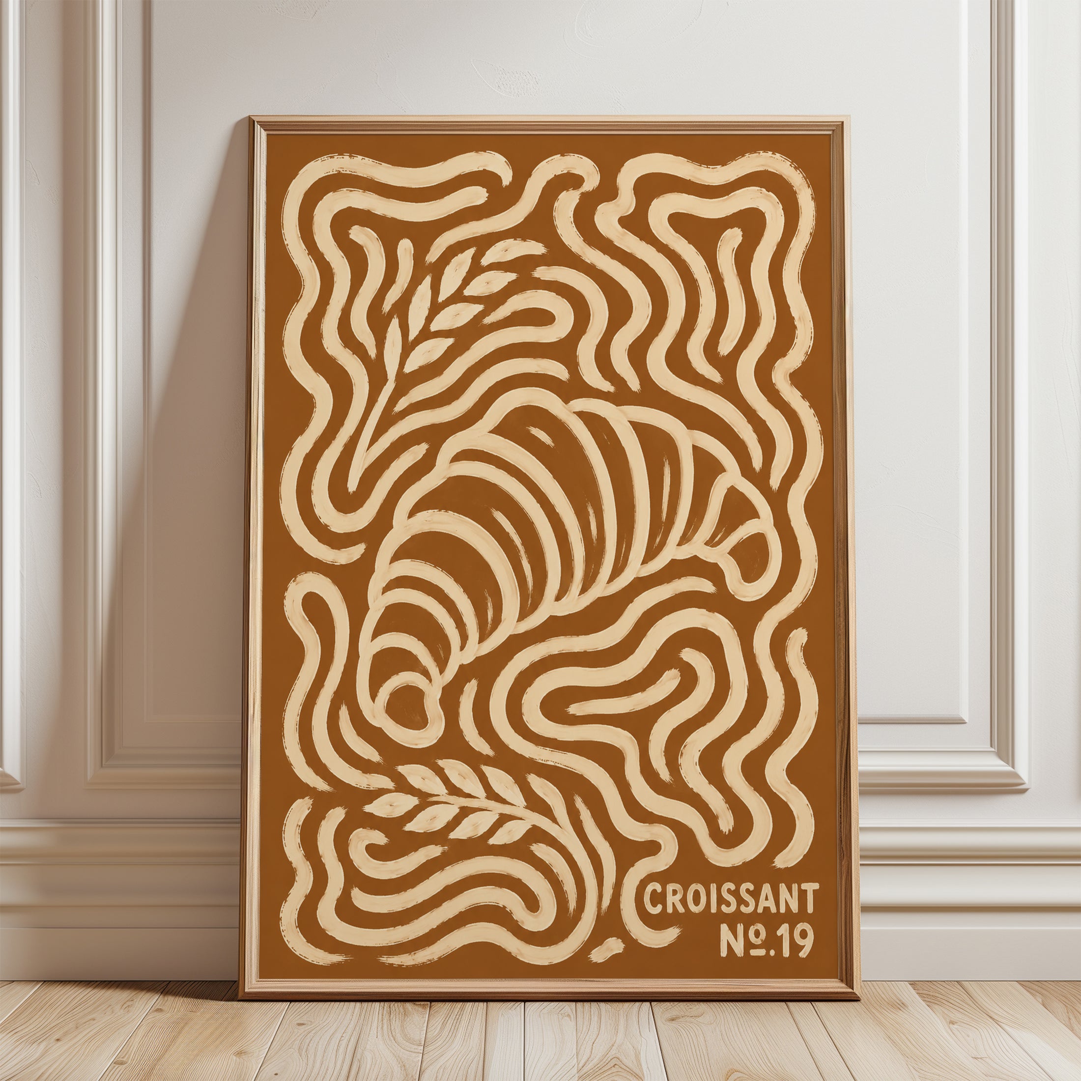 Art Nouveau Croissant Poster: Brown and Cream Swirling Design - framed detail
