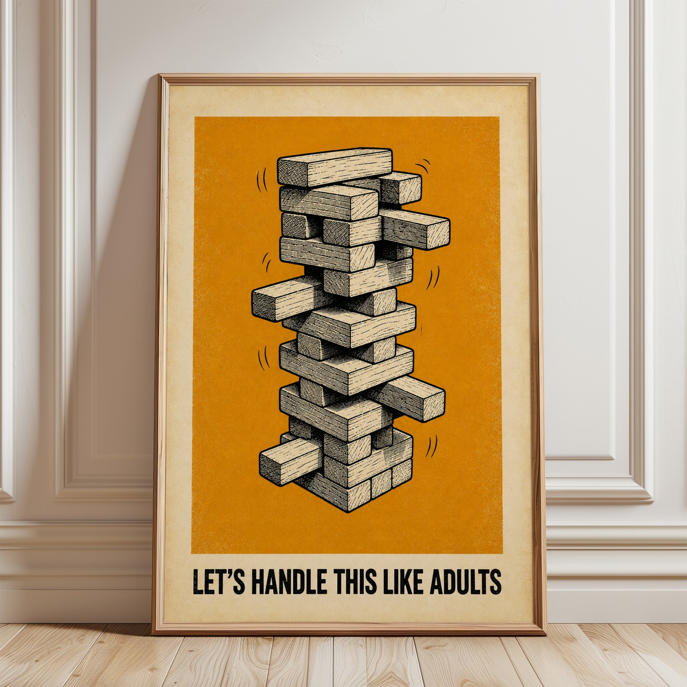 Wooden Block Tower Game Print: Vintage Orange Illustration - framed detail