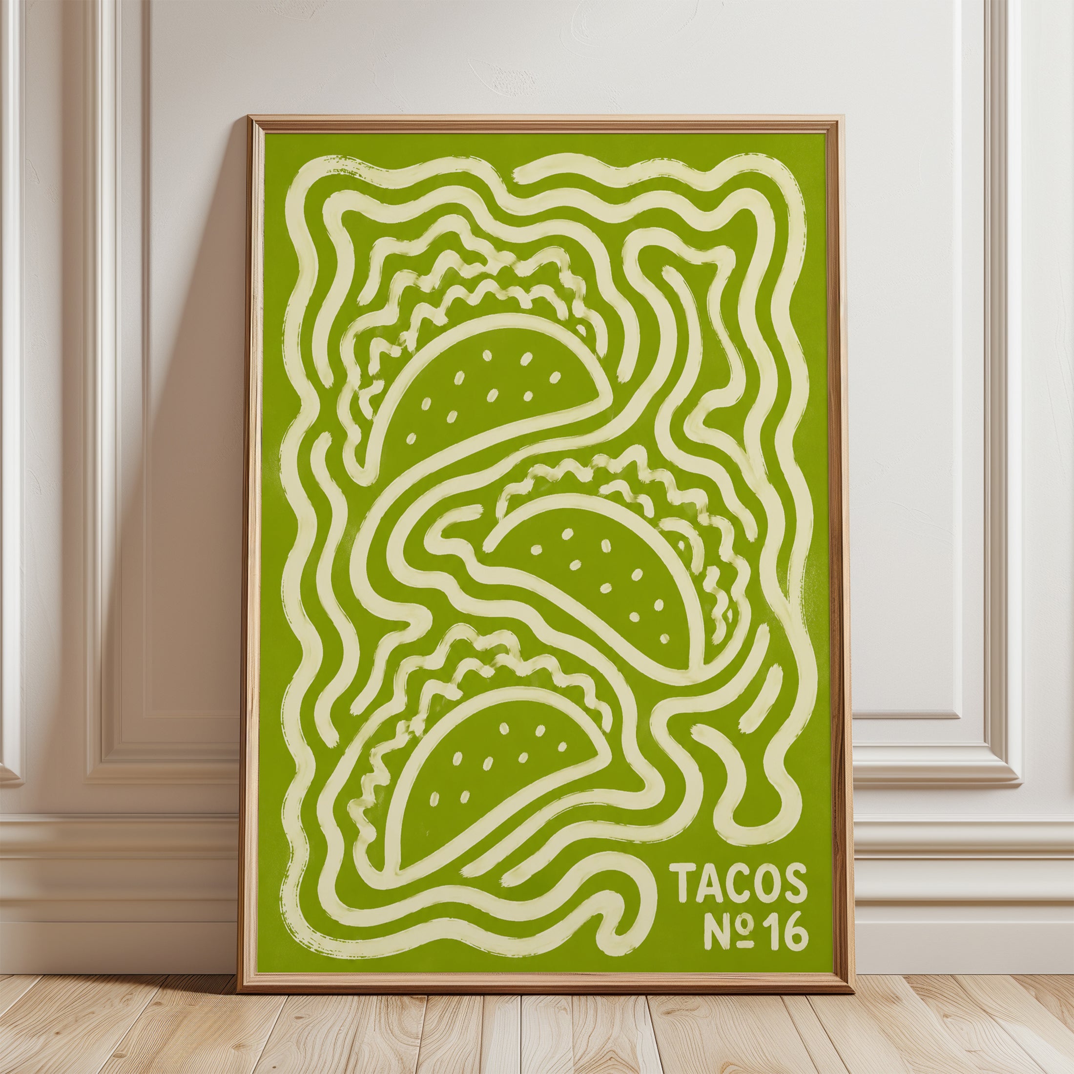 Retro Tacos Poster: Psychedelic Green Kitchen Wall Art - framed detail