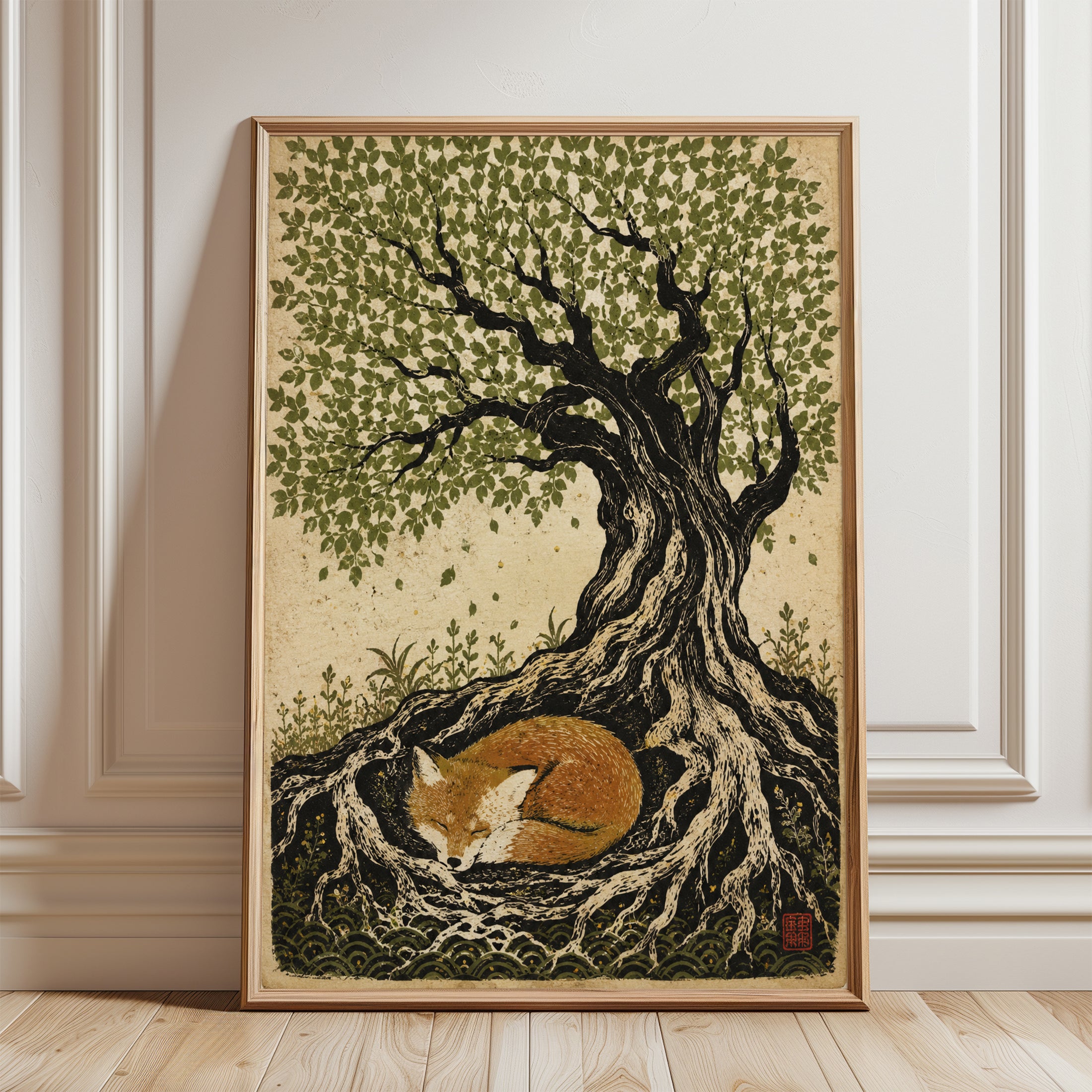 Fox and Tree Wall Art – Sleeping Fox Print - framed detail