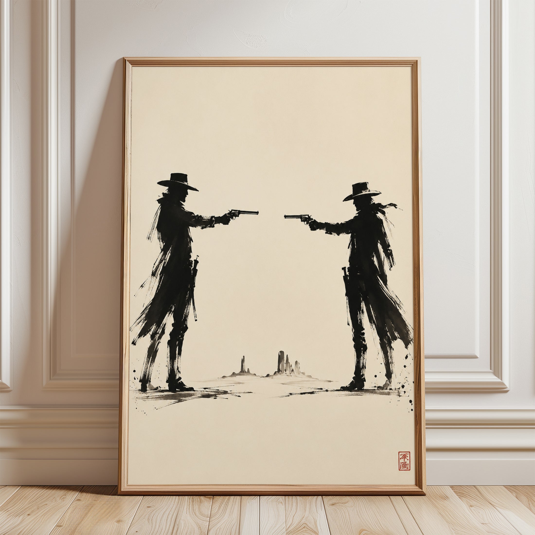 Western Duel Wall Art – Cowboy Silhouette Print - framed detail