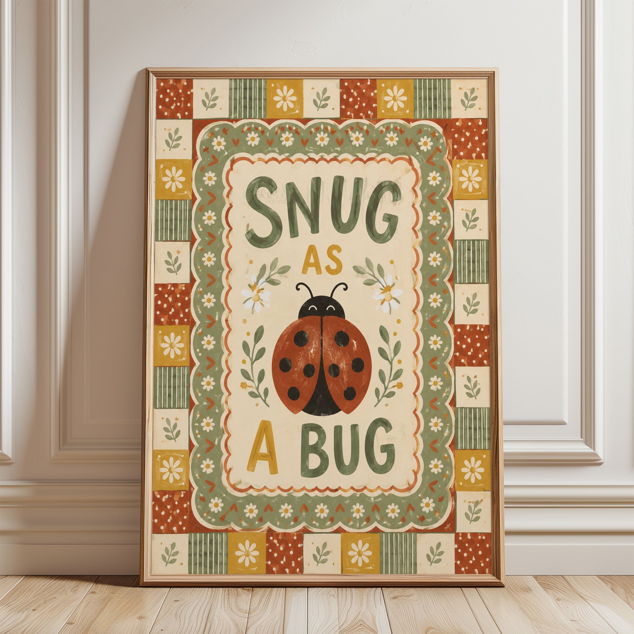 Snug As A Bug Print – Ladybug Nursery Wall Art - framed detail