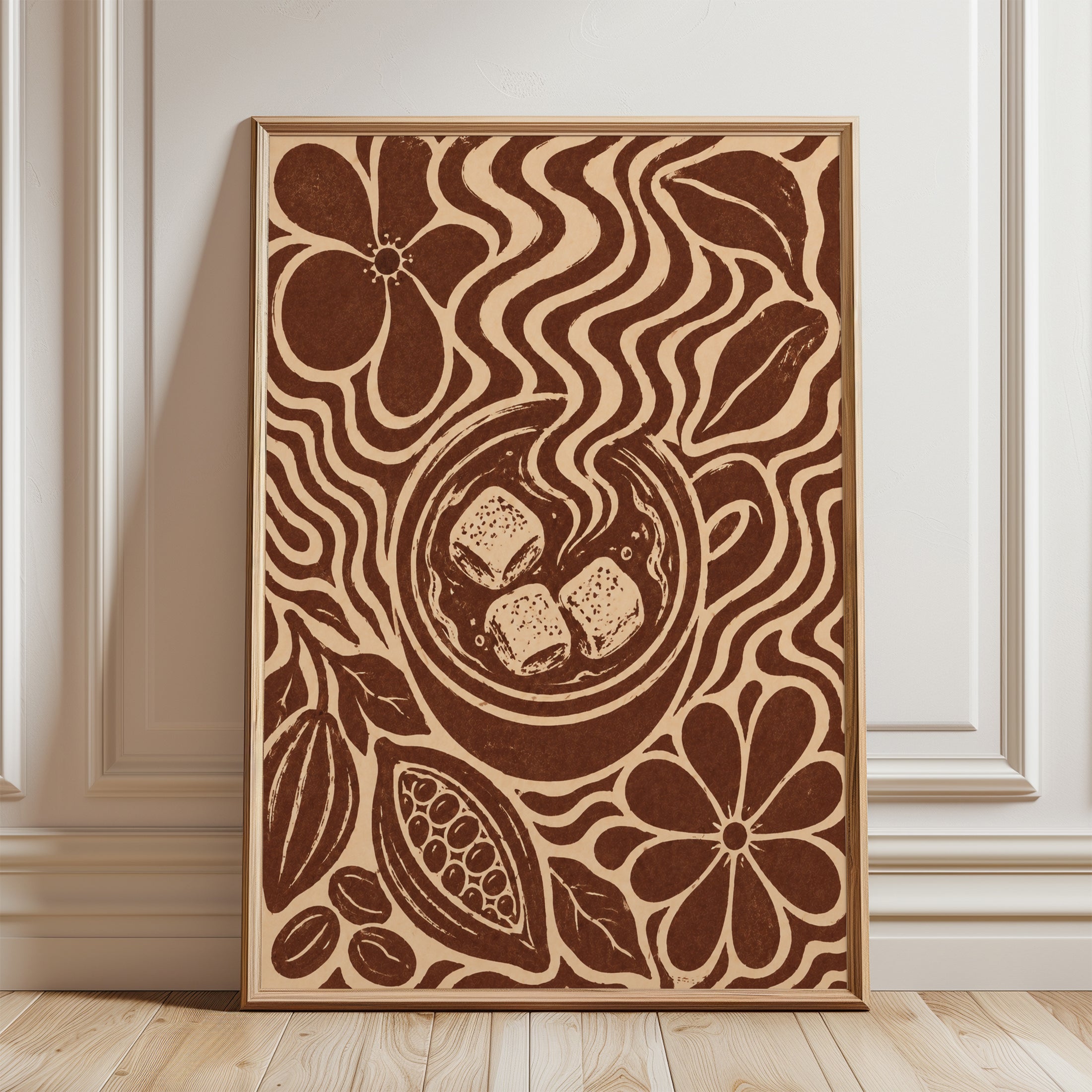 Chocolate Botanical Art Print: Art Nouveau Brown and Cream Design - framed detail