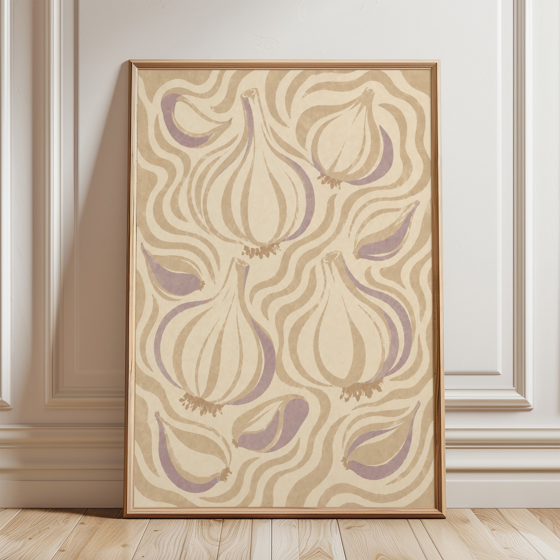 Art Nouveau Garlic Bulbs Print: Flowing Beige Purple Design - framed detail
