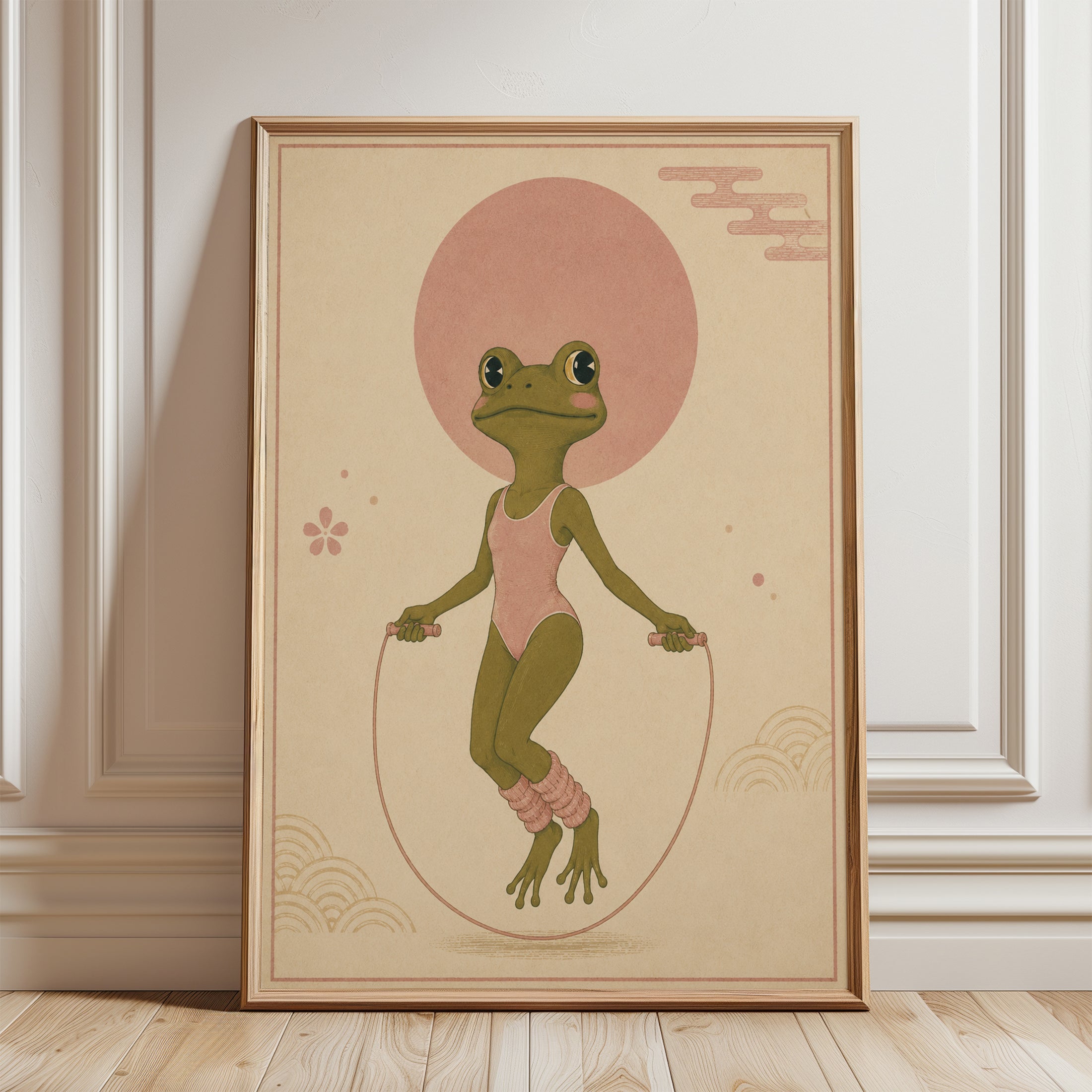 Japanese Frog Jump Rope Art Print: Whimsical Pink Green Poster - framed detail