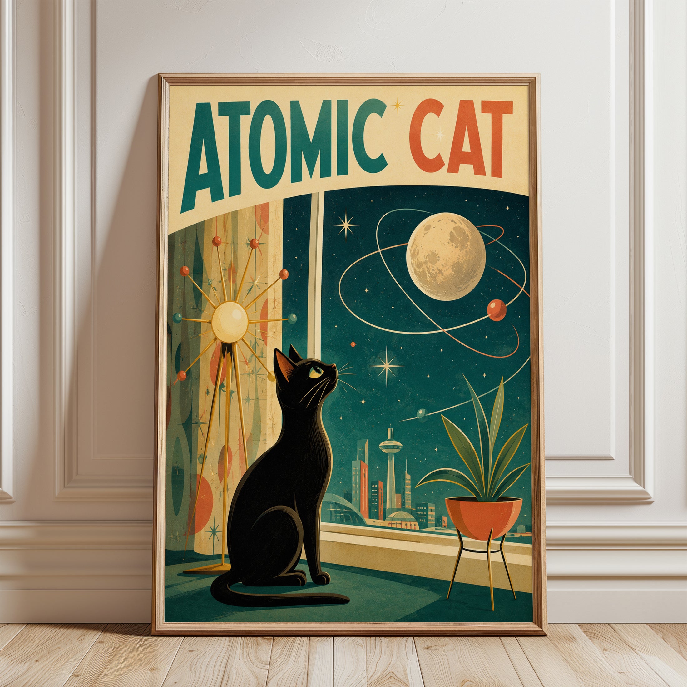 Mid Century Cat Poster – Retro Space Art - framed detail
