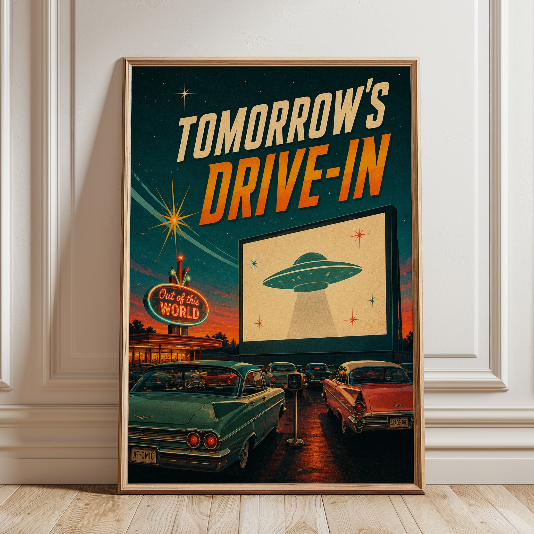 Retro Drive-In Movie Theater Poster: Atomic Age UFO Scene - framed detail