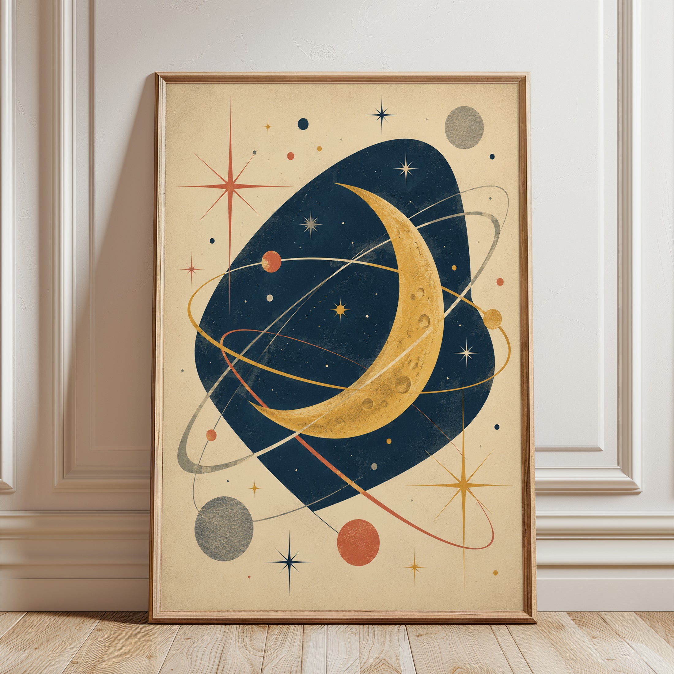 Mid-Century Moon and Planets Art Print: Retro Space Orbits - framed detail