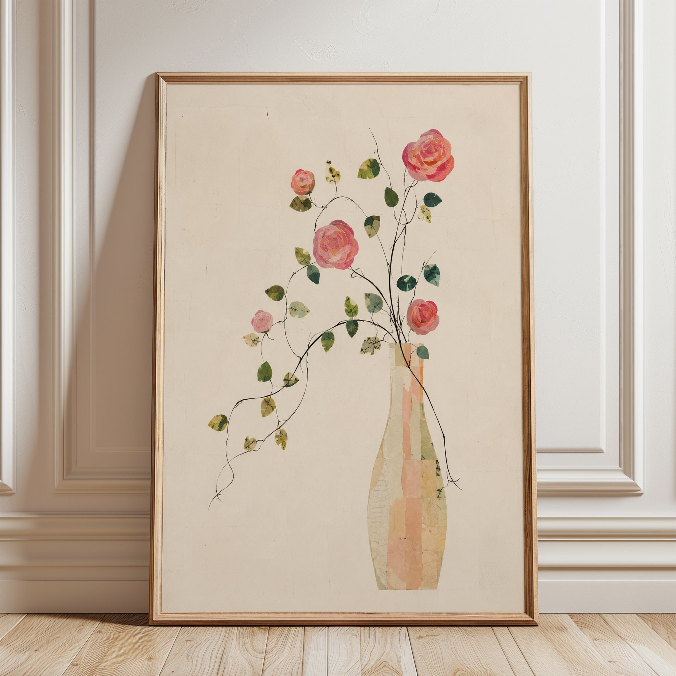 Pink Roses in Vase Art Print: Delicate Botanical Watercolor - framed detail