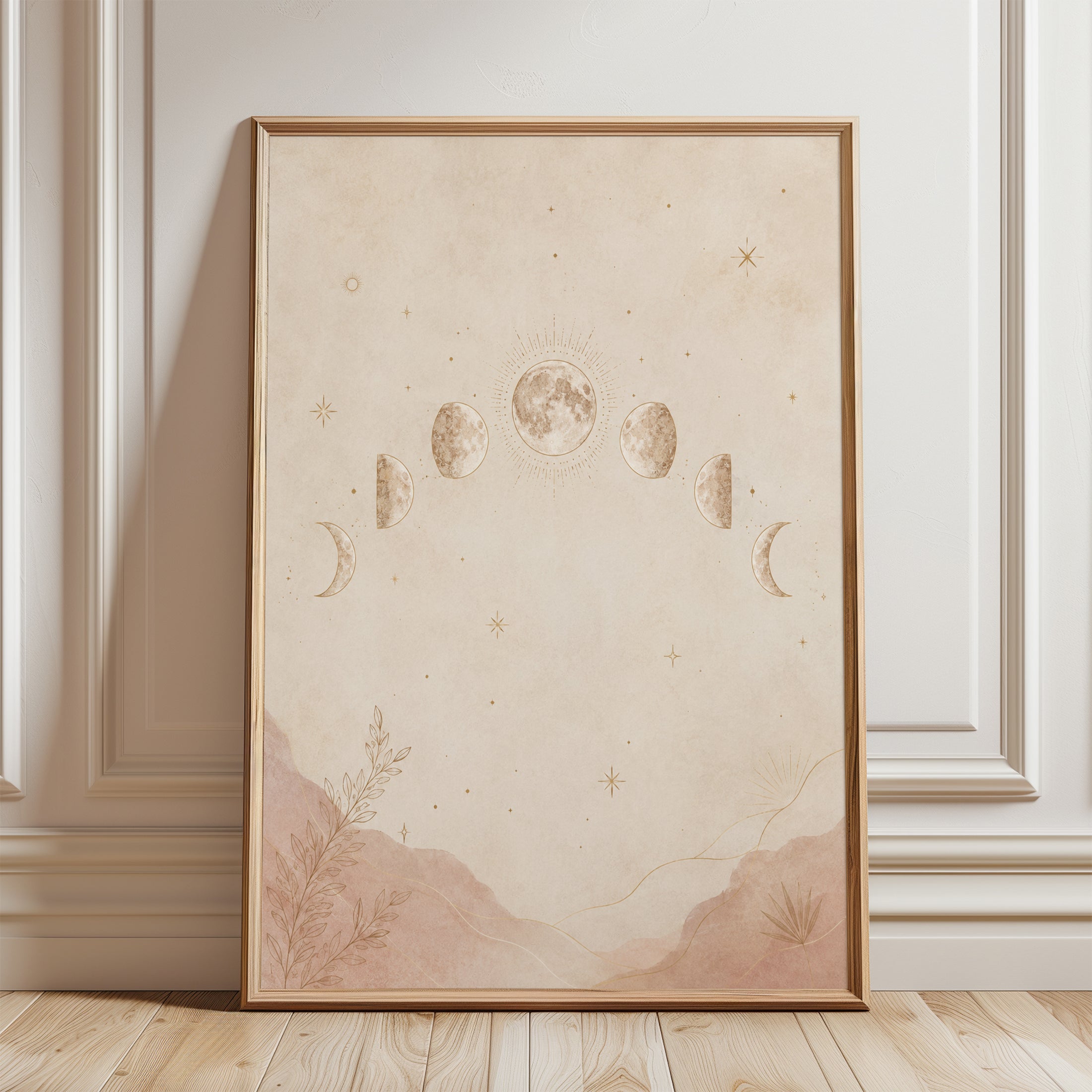 Moon Phases Wall Art: Celestial Beige and Gold Minimalist Print - framed detail