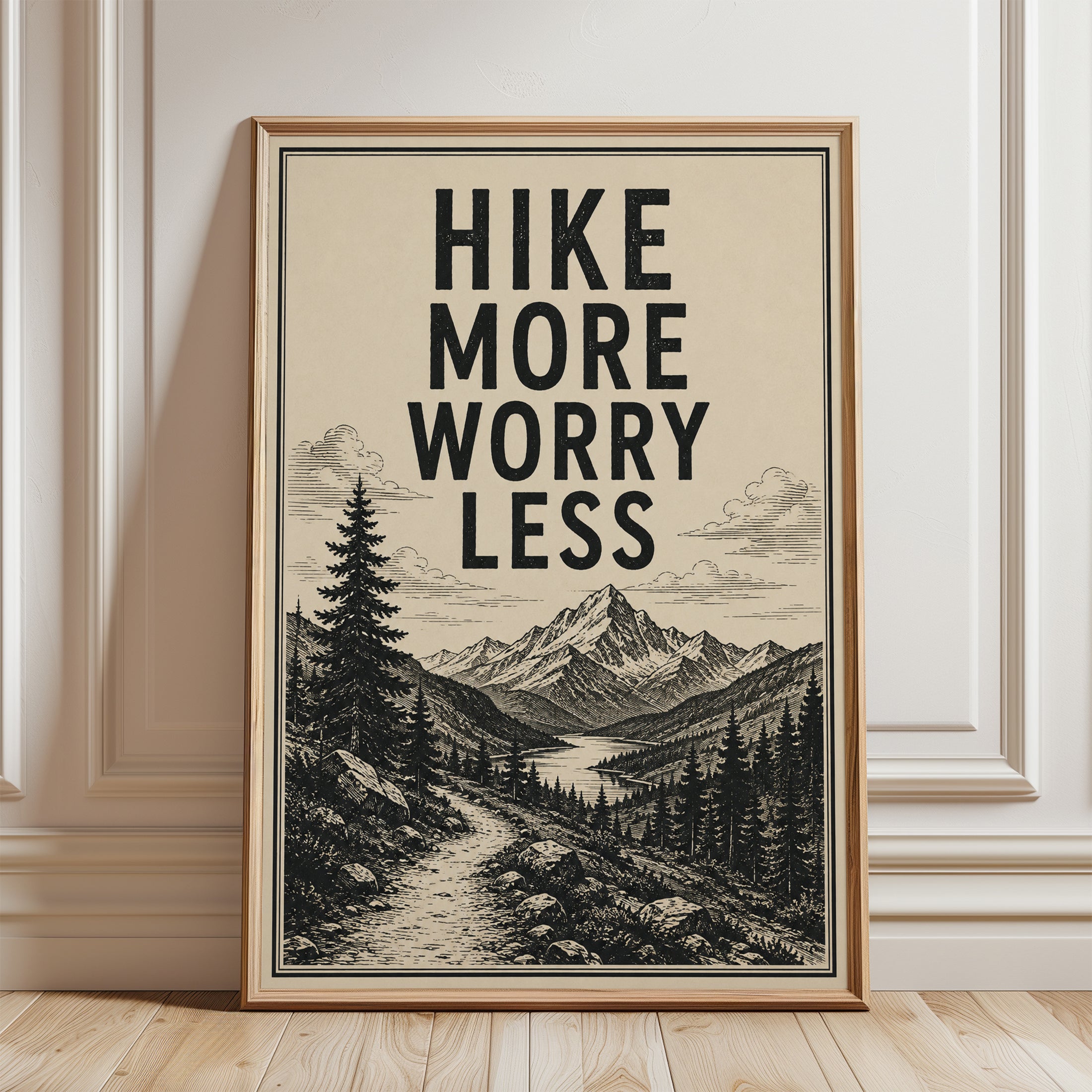 Hike More Worry Less – Mountain Print - framed detail