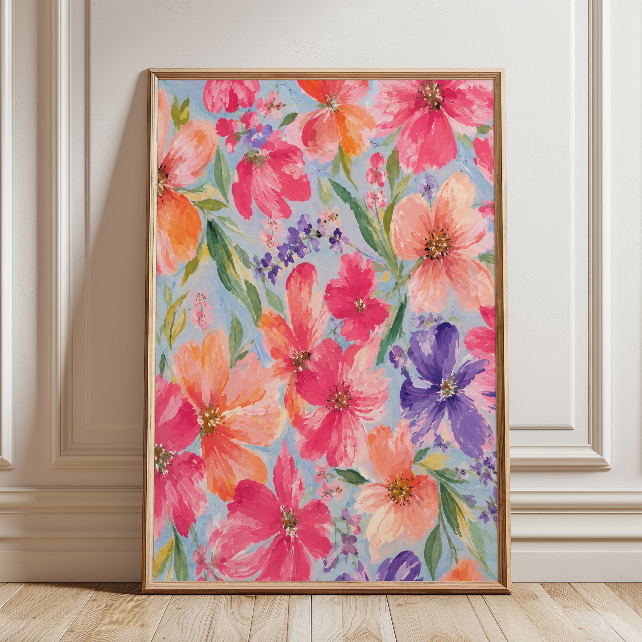 Watercolor Wildflower Meadow Art Print: Pink and Purple Floral - framed detail