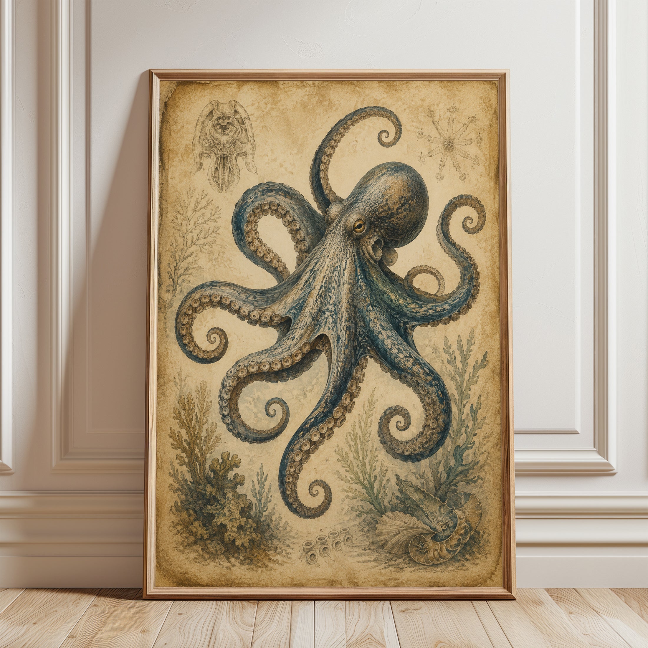 Octopus Wall Art – Vintage Marine Print - framed detail