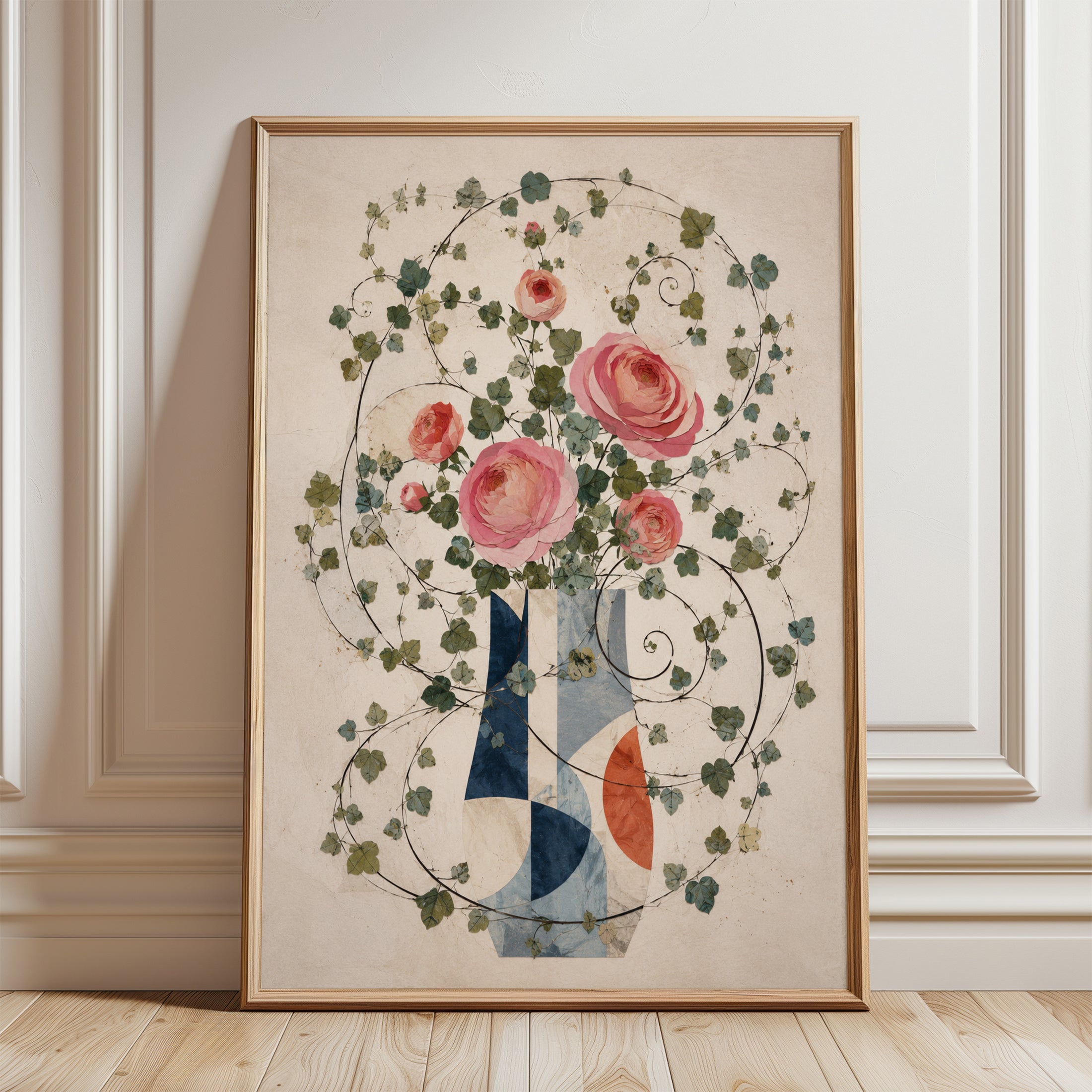Pink Roses and Ivy Wall Art: Geometric Vase Botanical Print - framed detail