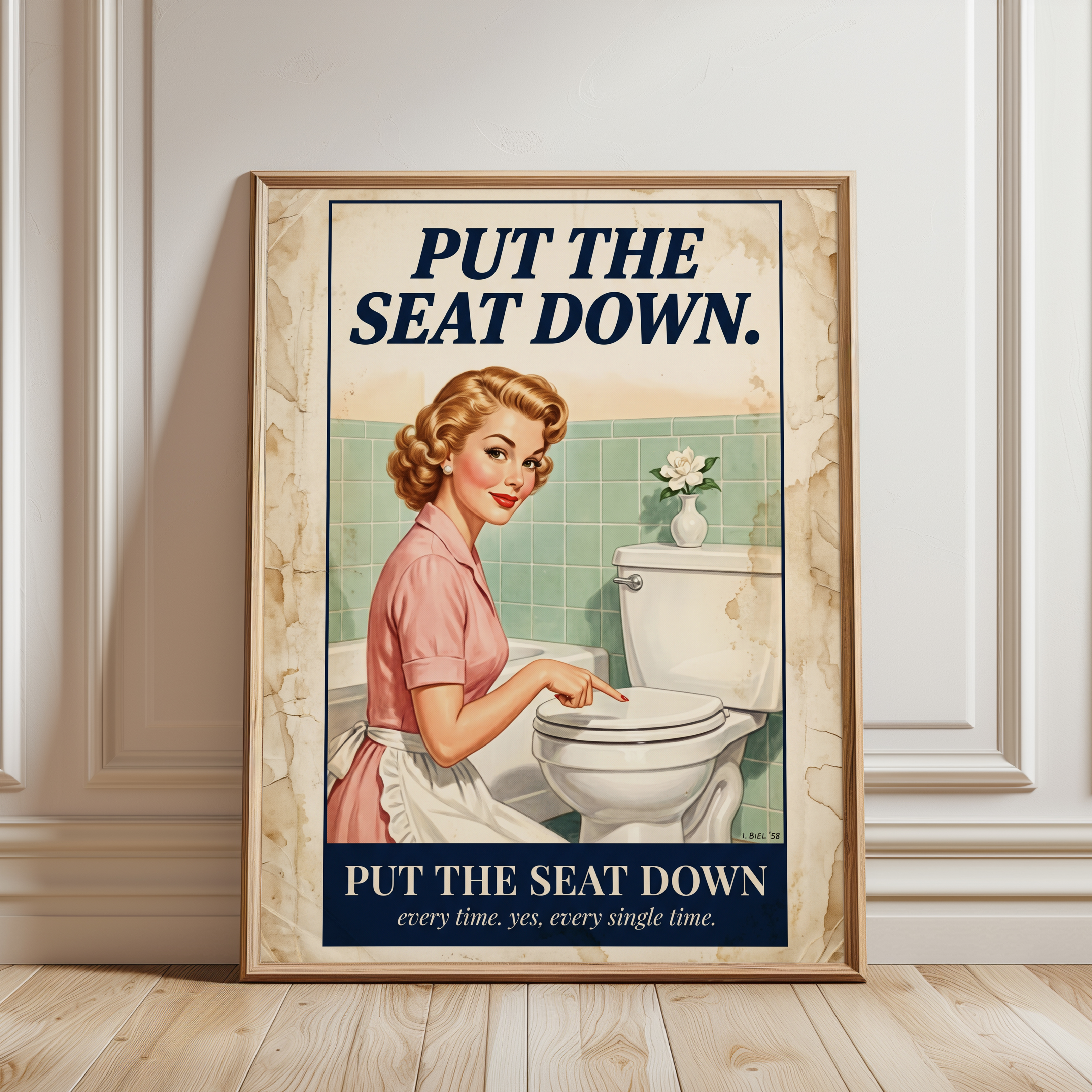 Retro Bathroom Print – 1950s Housewife - framed detail