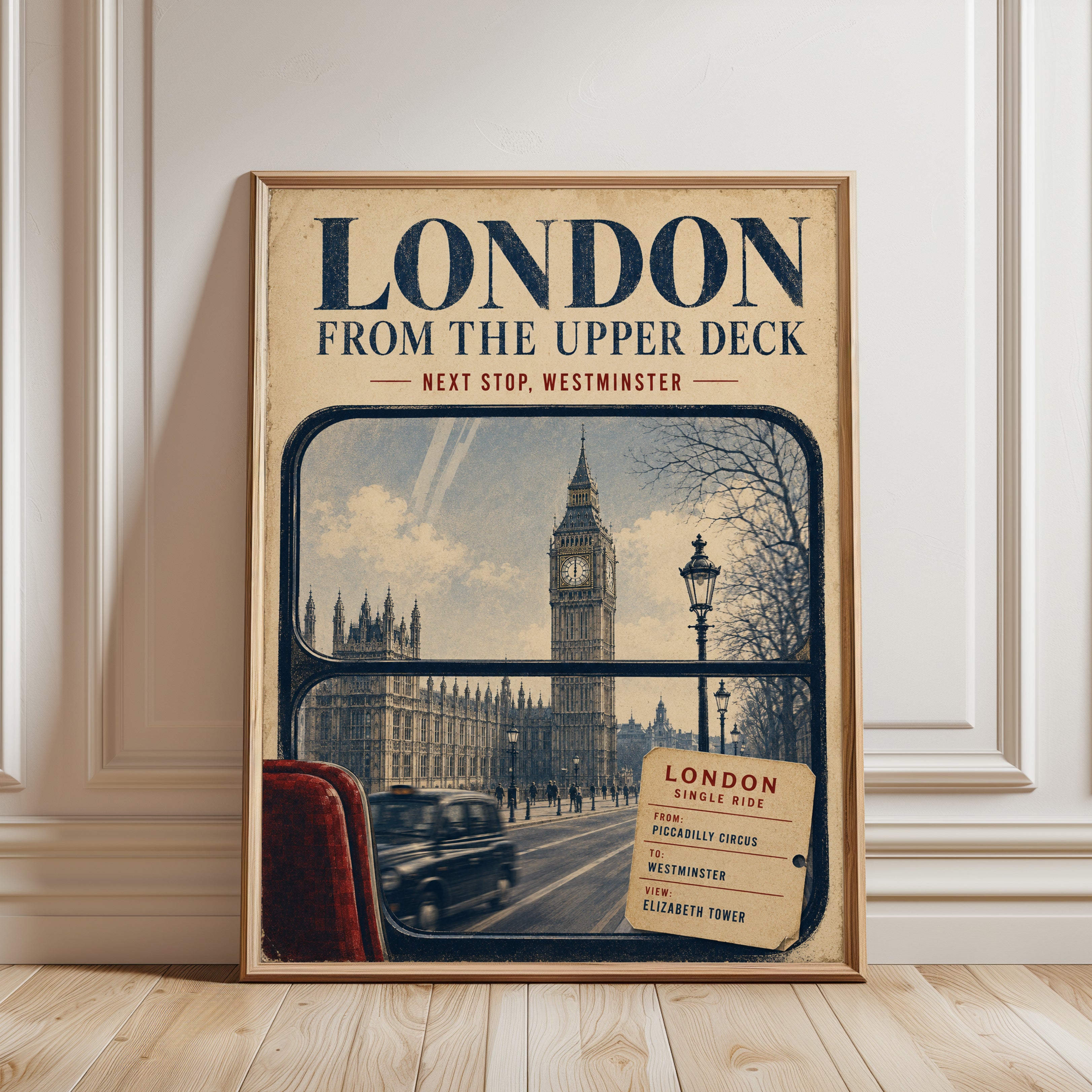 London Travel Poster – Vintage Bus Art - framed detail
