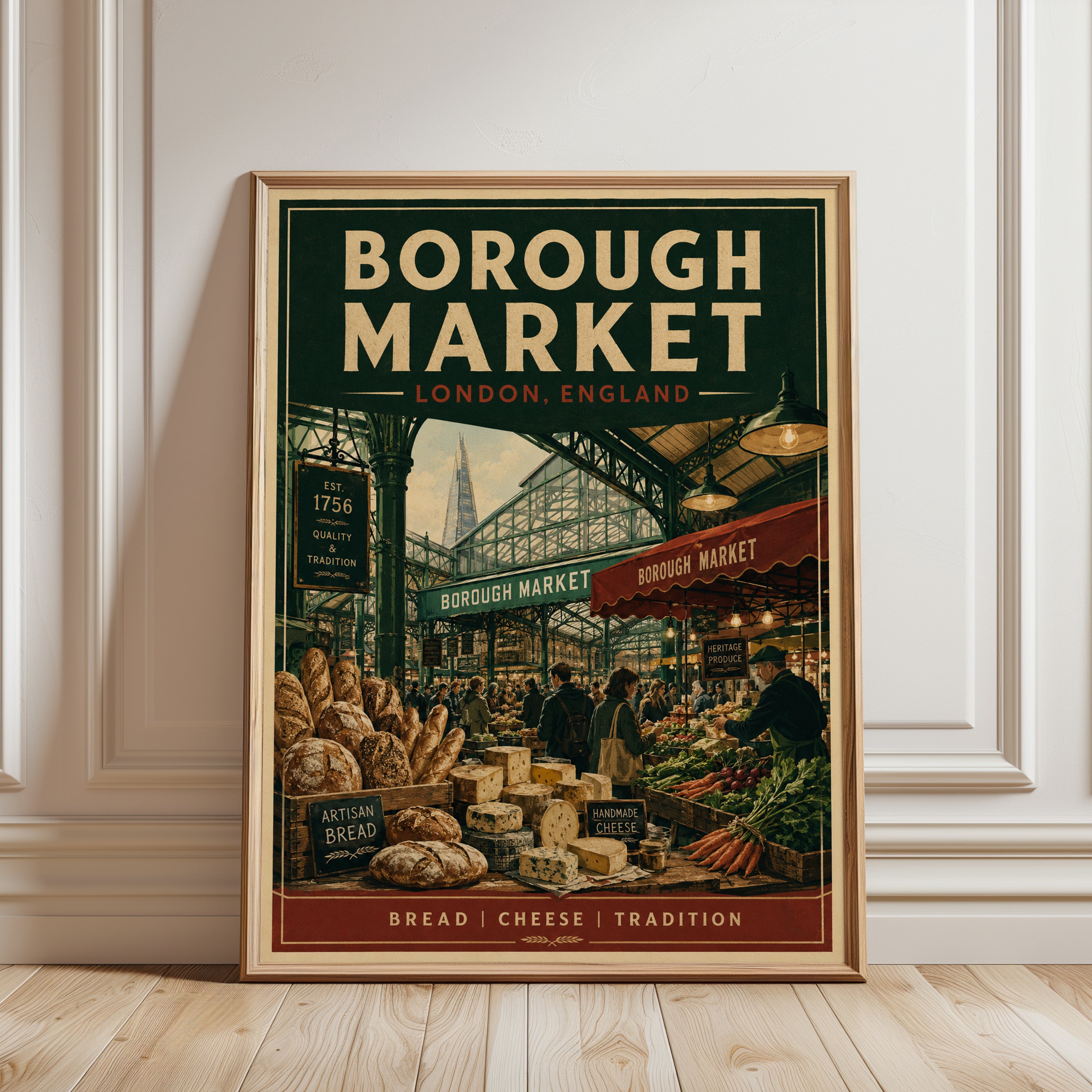 Borough Market London Print — Vintage Travel Poster Style - framed detail