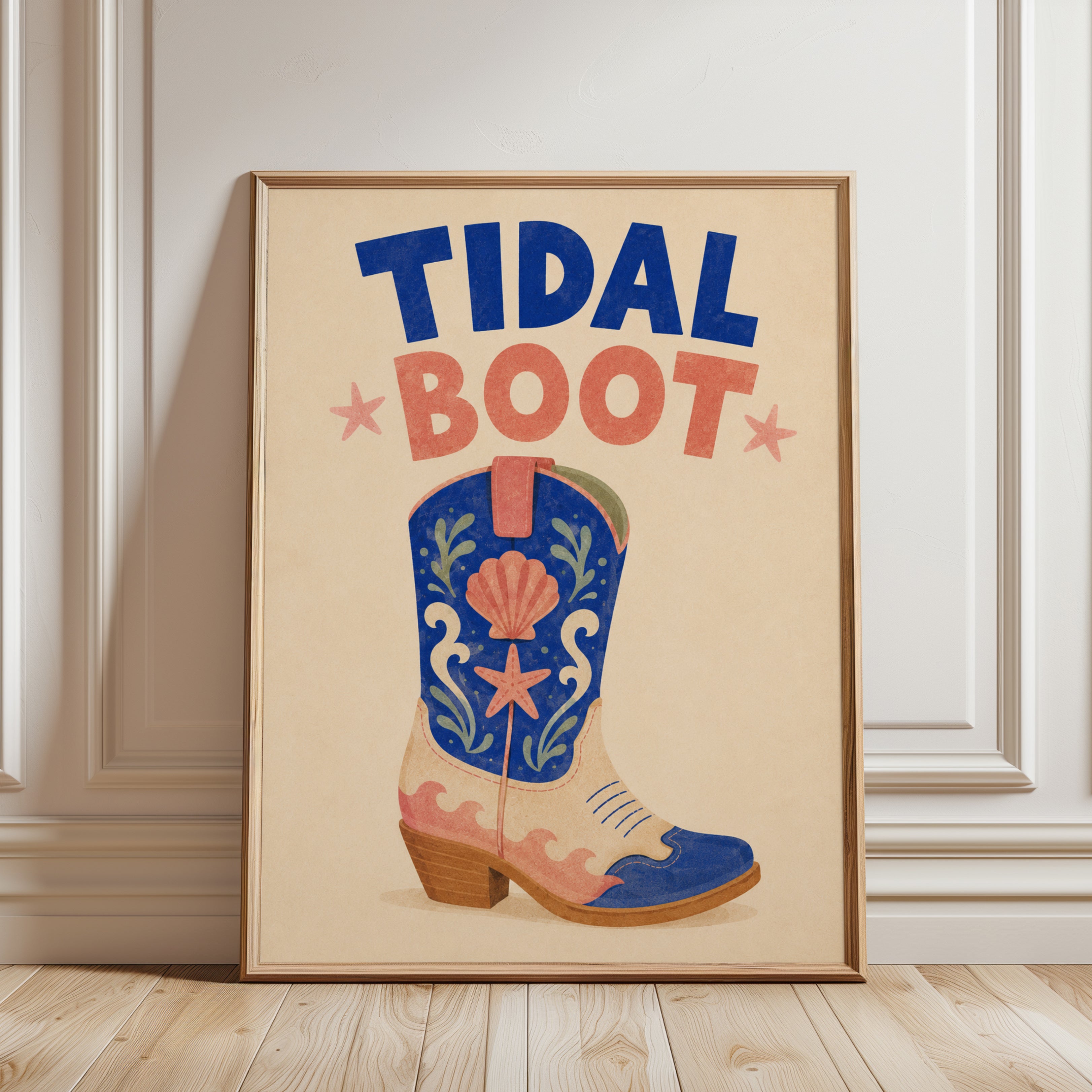 Tidal Boot Print: Coastal Western Cowboy Art with Seashells - framed detail
