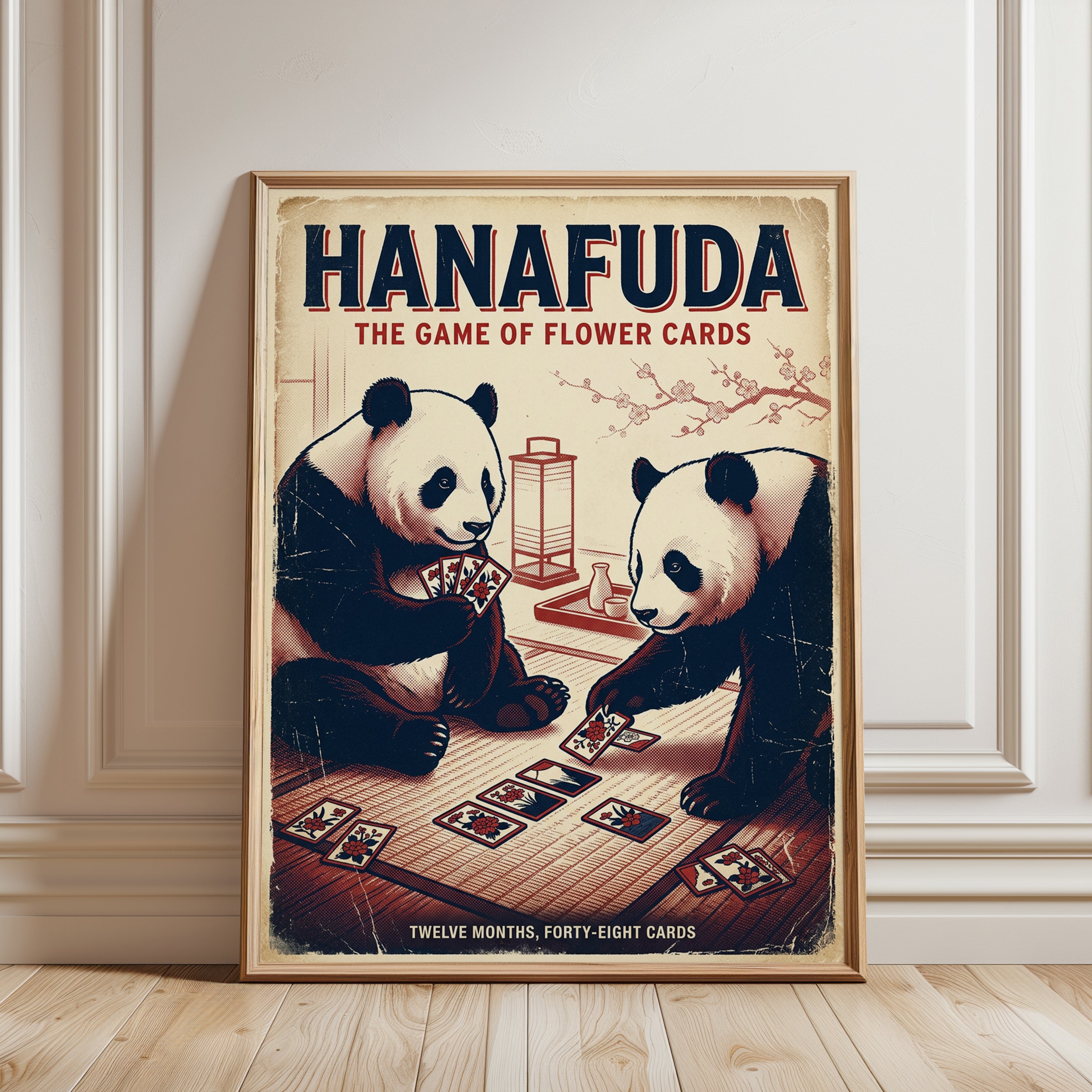 Hanafuda Pandas Art Print: Vintage Japanese Card Game Poster - framed detail