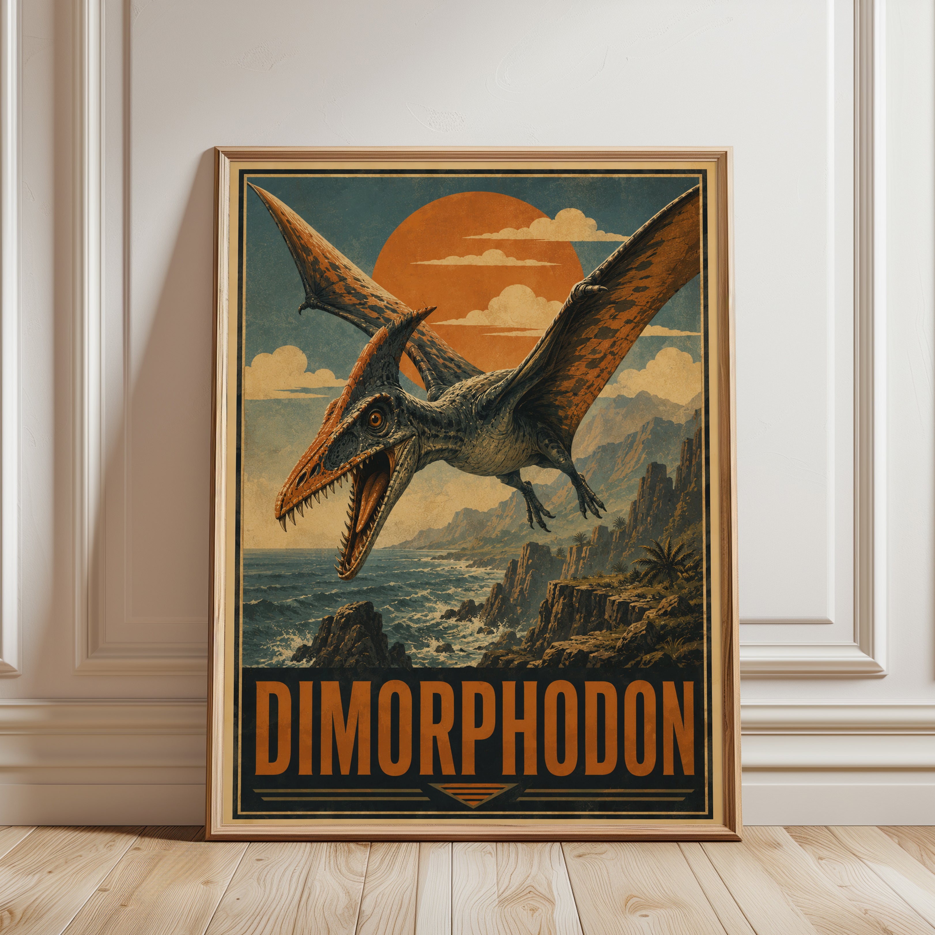 Dimorphodon Pterosaur Art Print: Vintage Dinosaur Poster Design - framed detail