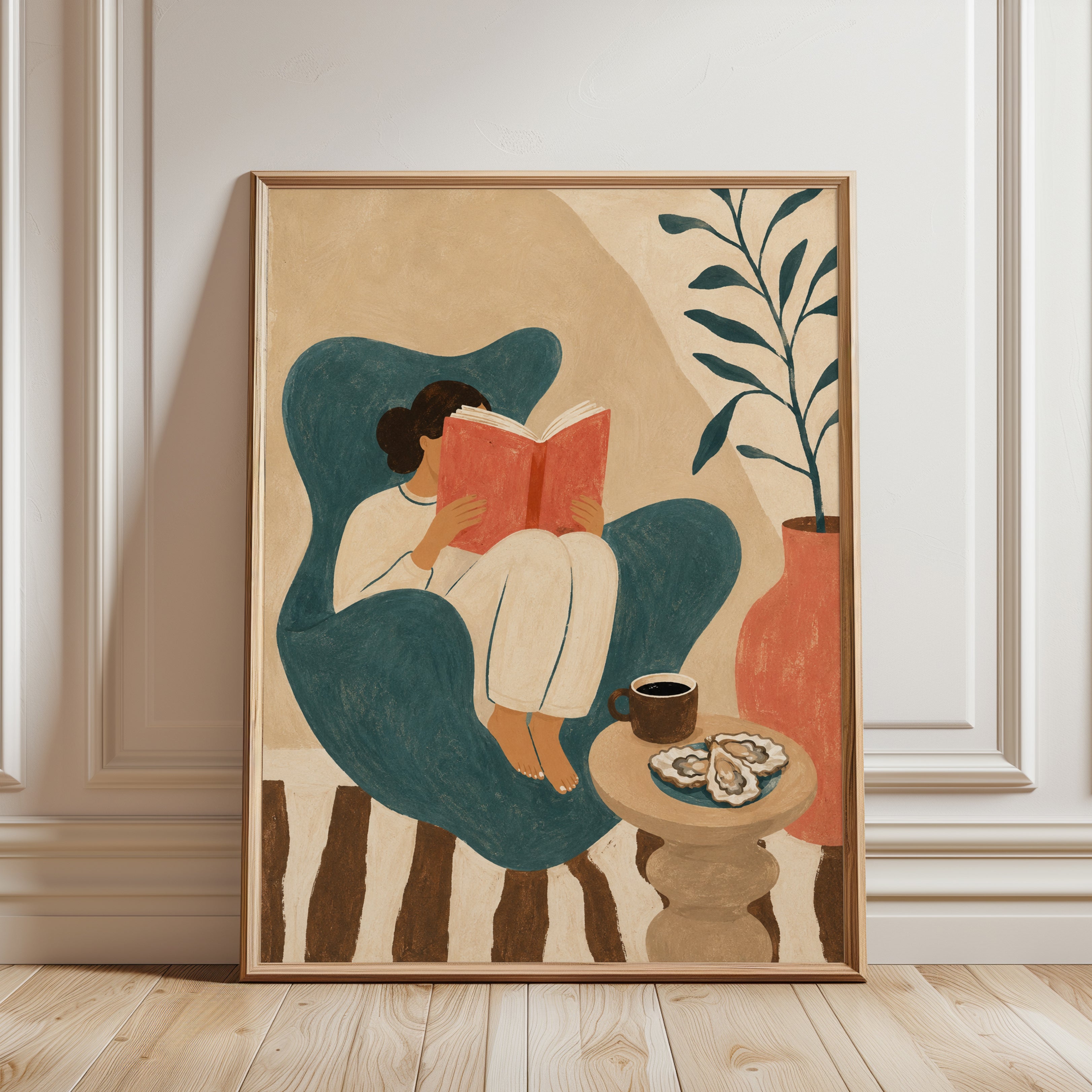 Reading Woman in Teal Chair Art Print: Minimalist Illustration - framed detail